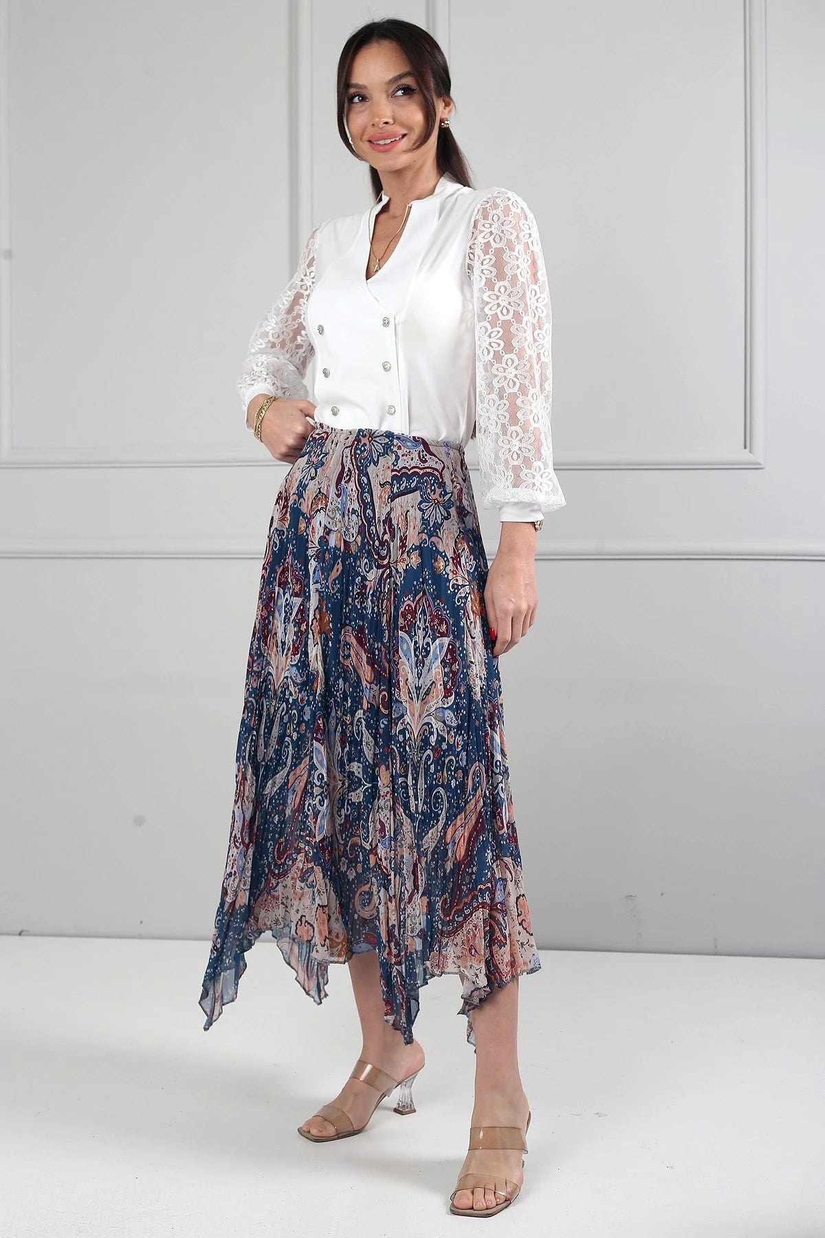 Image of Women's Elastic Waist Lined Shawl Patterned Triangle Midi Skirt