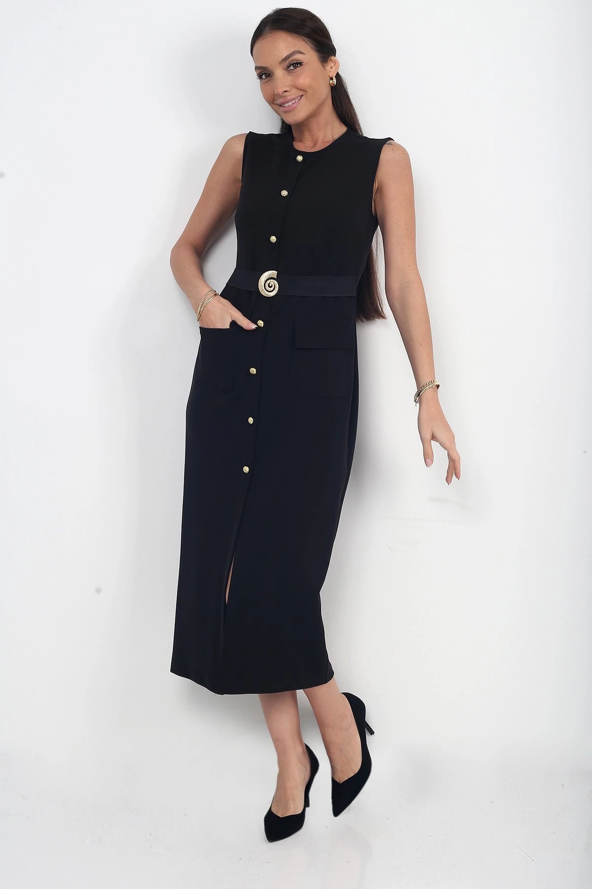 Image of Women's Crepe Midi Dress with Button Front and Pocket Detail, Slit, and Buckle Closure