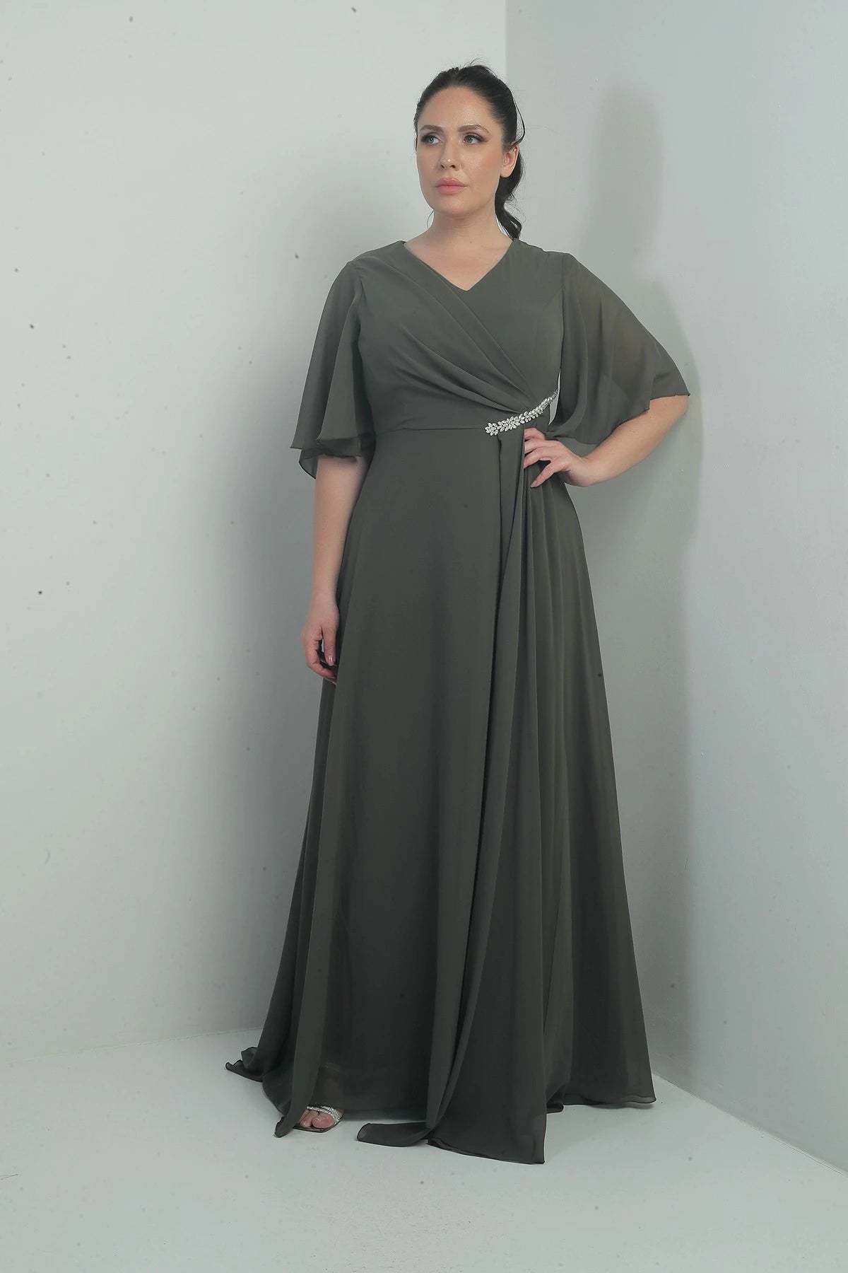 Image of Women's V-Neck, Waistband with Stone Embellishment, Draped, Lined, Plus Size Long Chiffon Dress