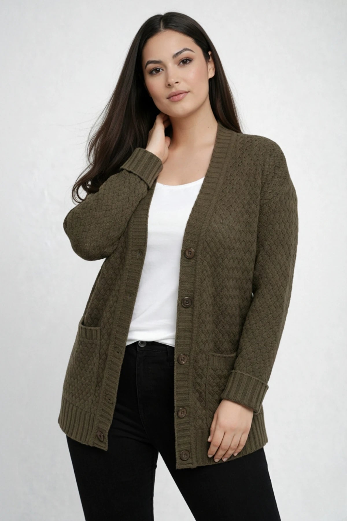 Image of Women's Basket Weave Pattern Pocketed Tunic Cardigan