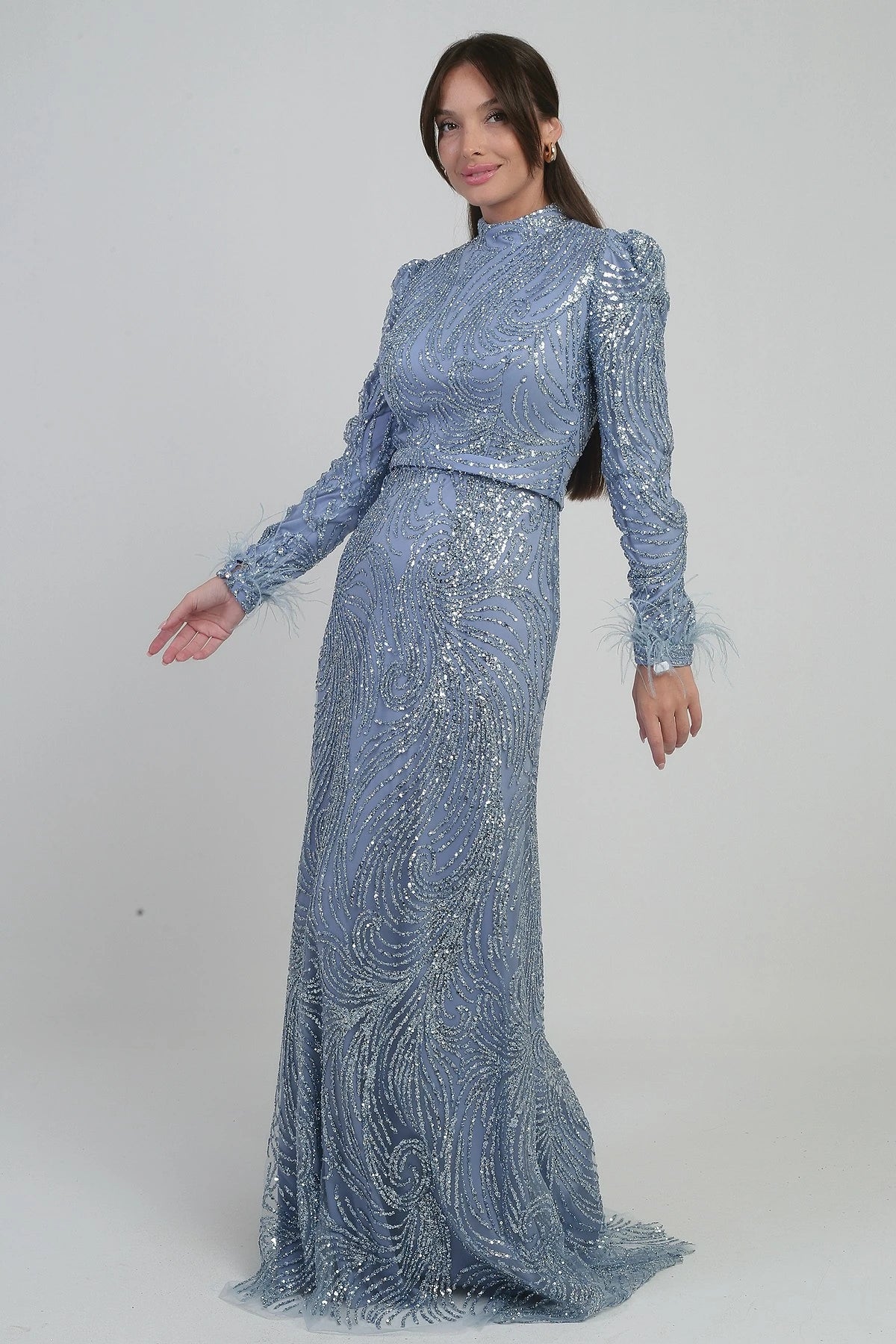 Image of Women's Long Tulle Dress with Feathered Sleeves, Beads and Sequins, and Lining
