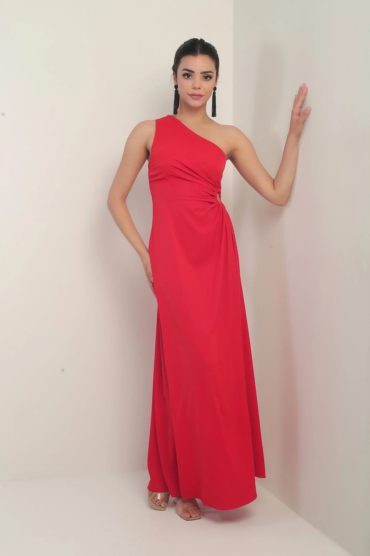Image of Women's One-Shoulder Long Crepe Satin Dress with Side Window Detail