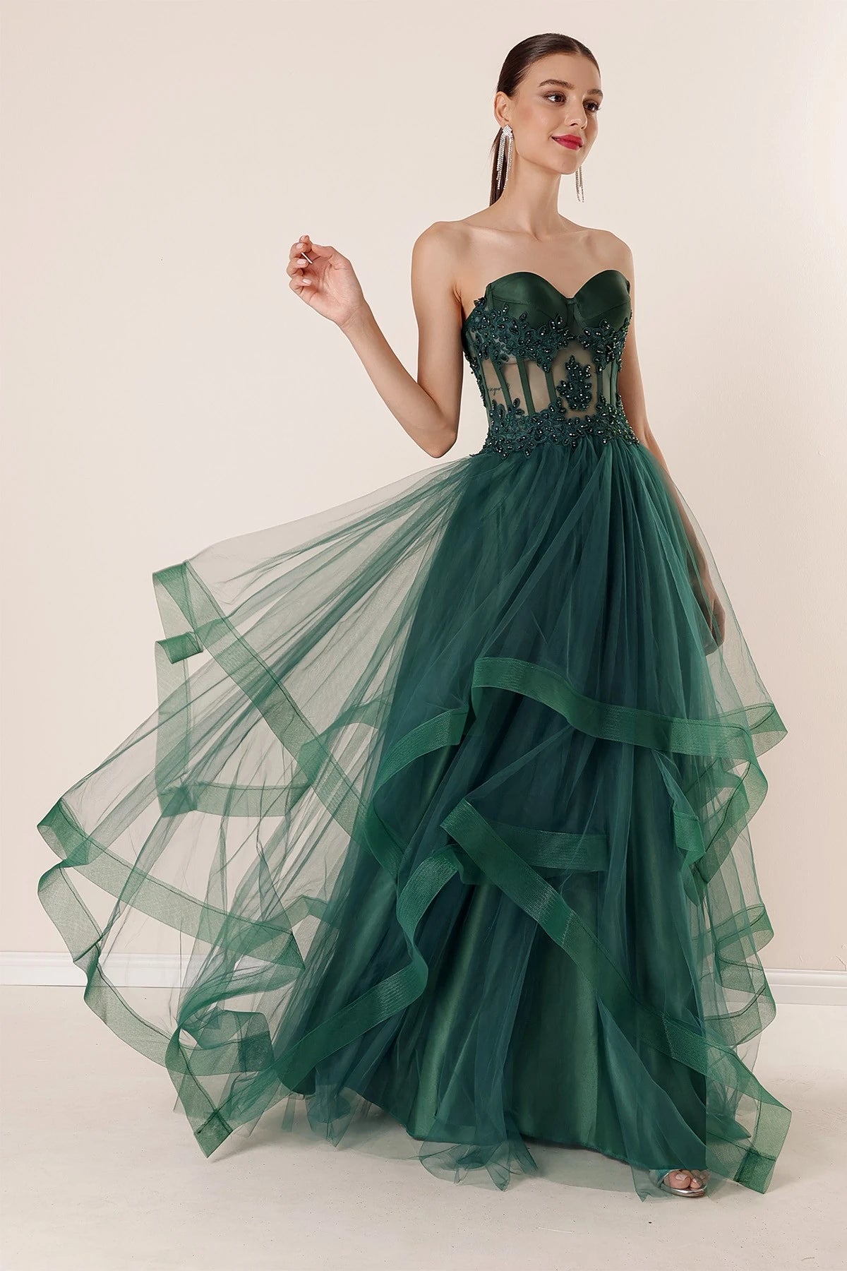 Image of Long, Layered Tulle Taffeta Evening Dress with Beaded Embellishments