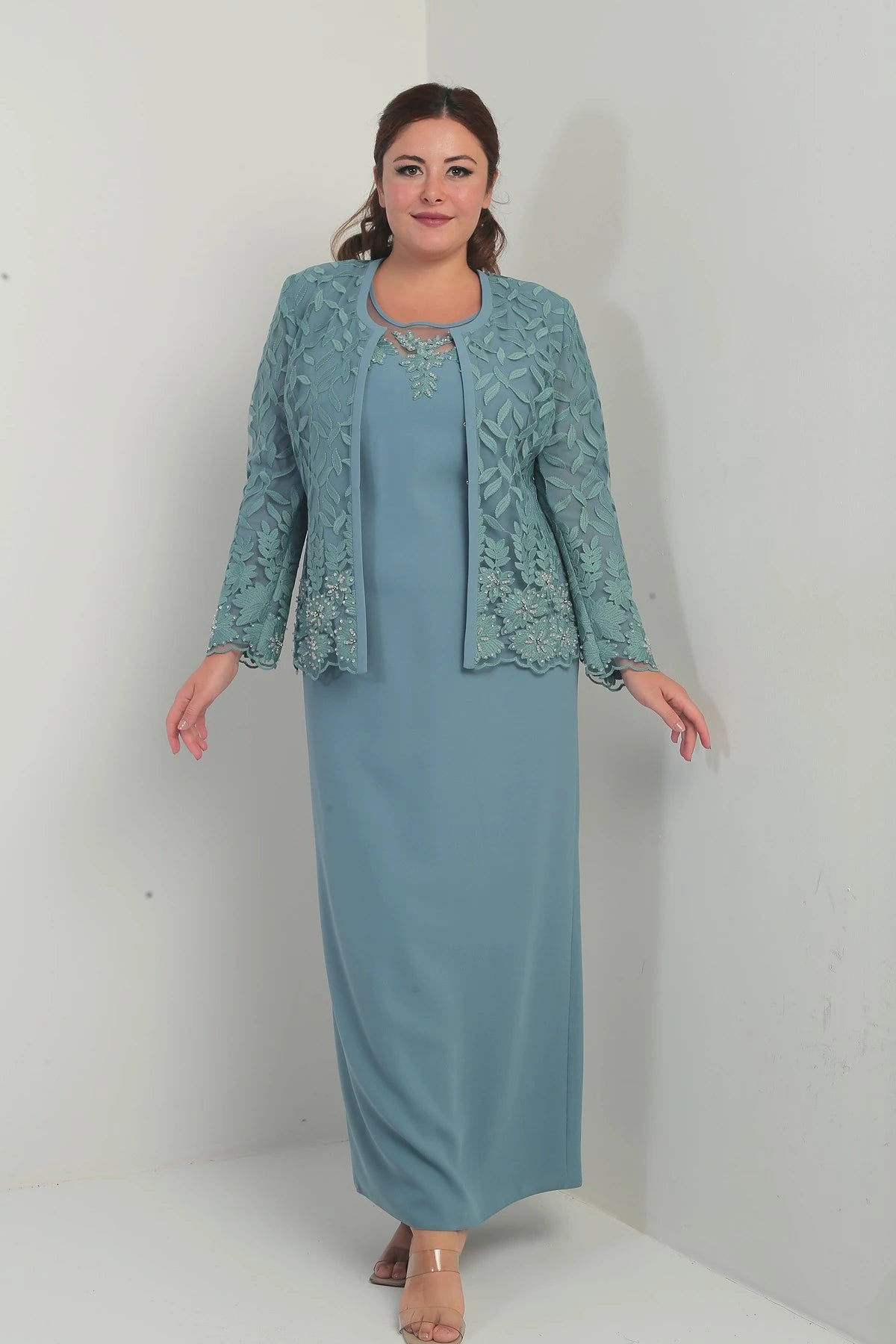 Image of Beaded and Lace Lined Dress and Jacket Set, Plus Size, Two-Piece