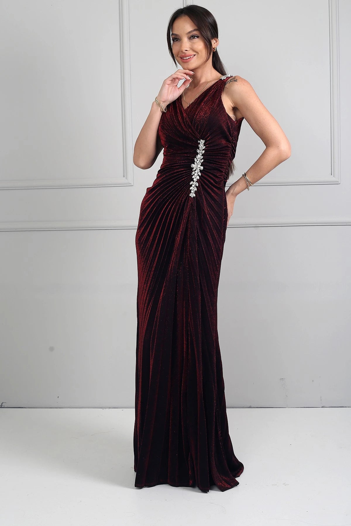 Image of Women's Wrap Neckline Long Evening Dress with Thick Shoulder Stone Detail, Stone Embellished Front, Gathered, and Slit