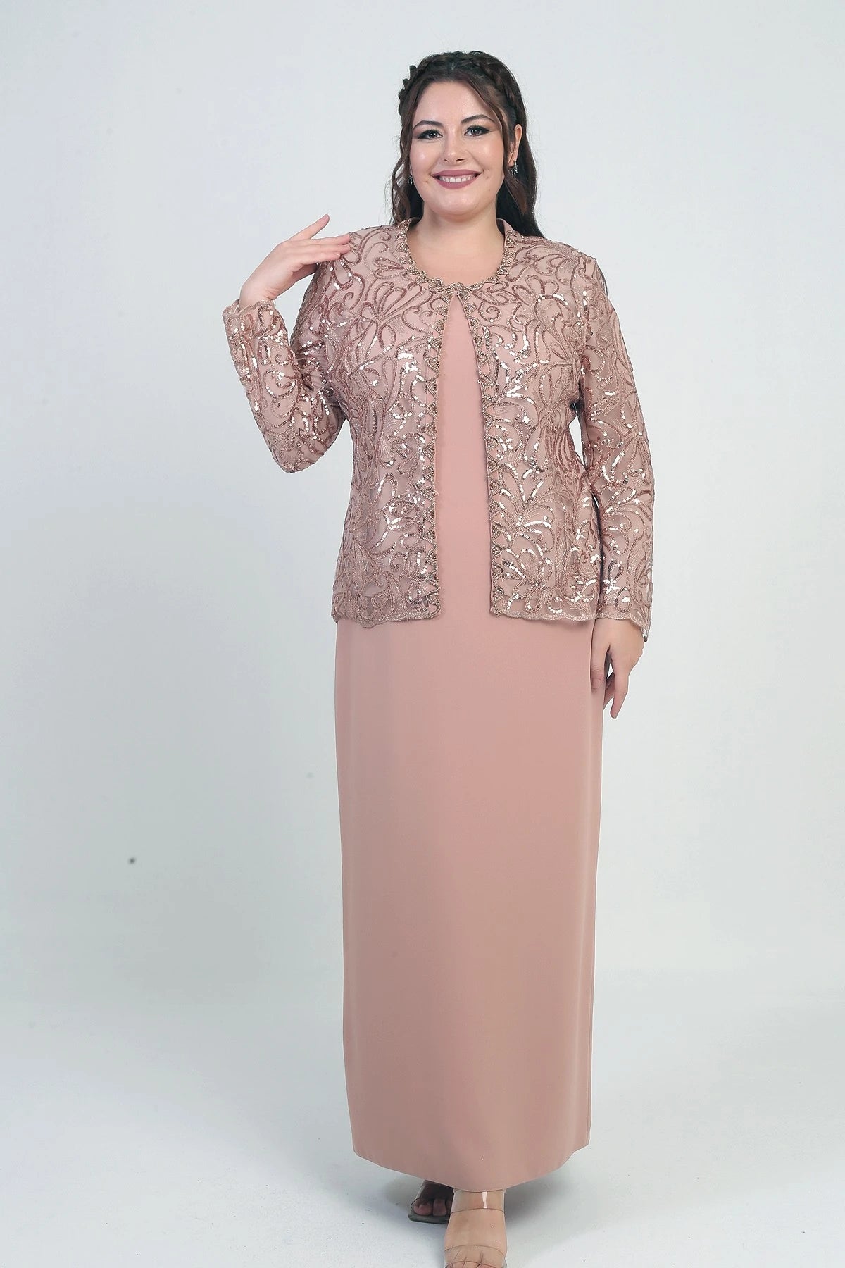 Image of Women's Sequin Embellished Beaded Tulle Jacket, Half-Moon Sleeve Long Dress, Lined Crepe, Plus Size 2-Piece Set