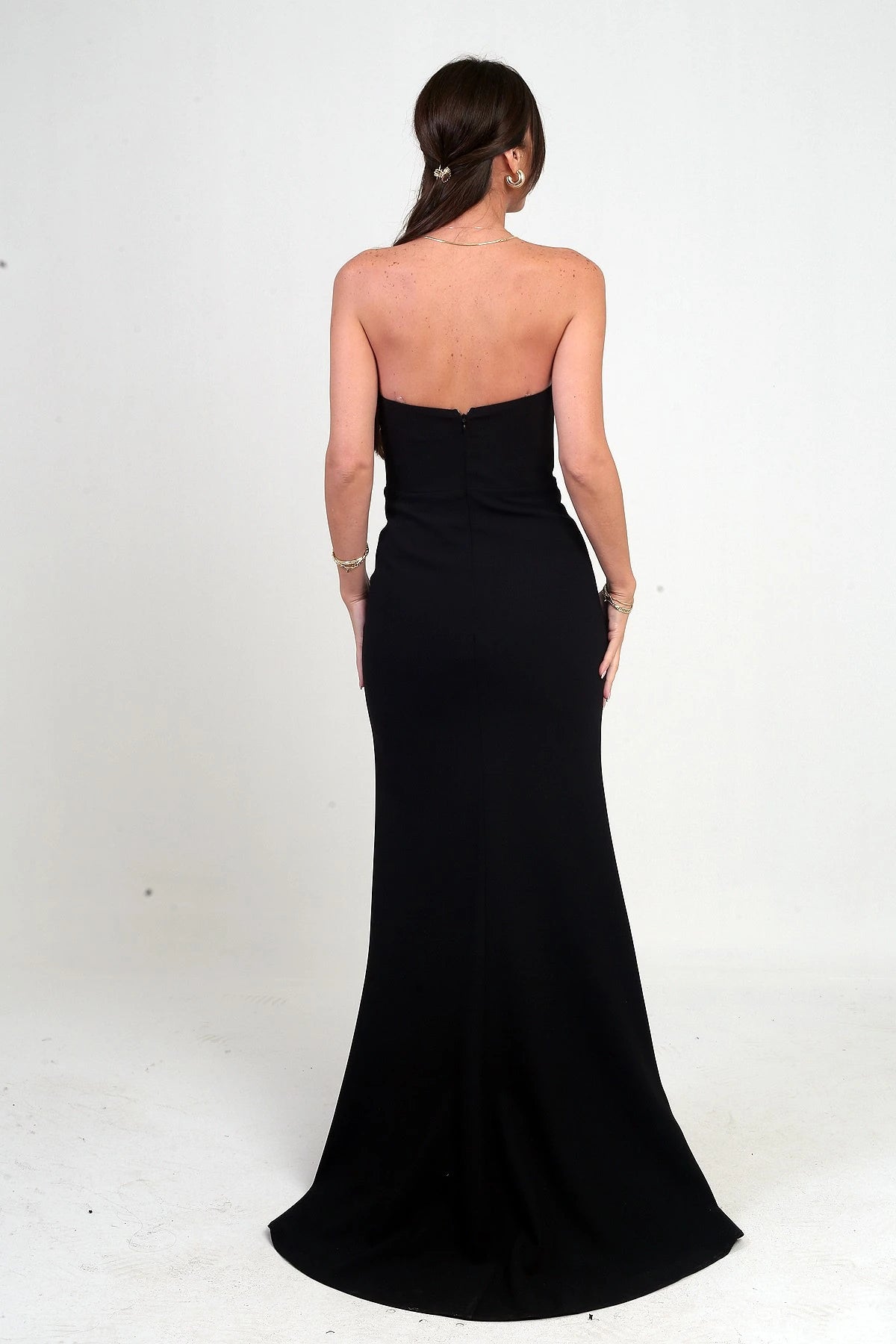 Image of Women's Long Crepe Dress with Draped Front and Stone Embellishments