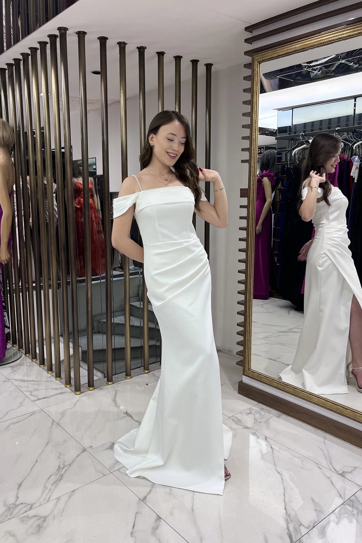 Image of Women's Embellished Thin Strap, Dropped Sleeve Satin Madonna Neckline Lined Draped Double Fishtail Dress