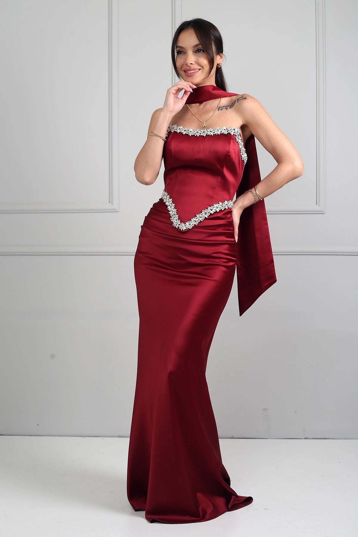 Image of Women's Strapless, Sheer Strap, Lined, Sparkling Stone Detail, Draped Front, Bias-Shaped Skirt Satin Long Dress