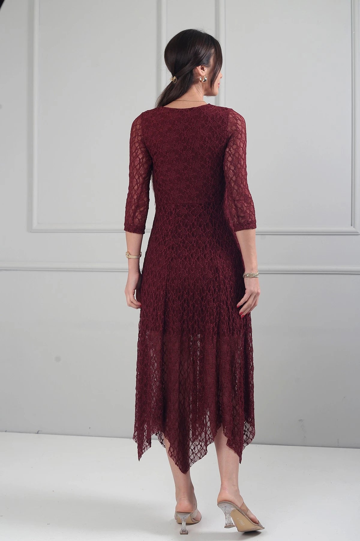 Image of Women's Asymmetrical Lace Midi Dress with Front Knot Detail and Lined Skirt