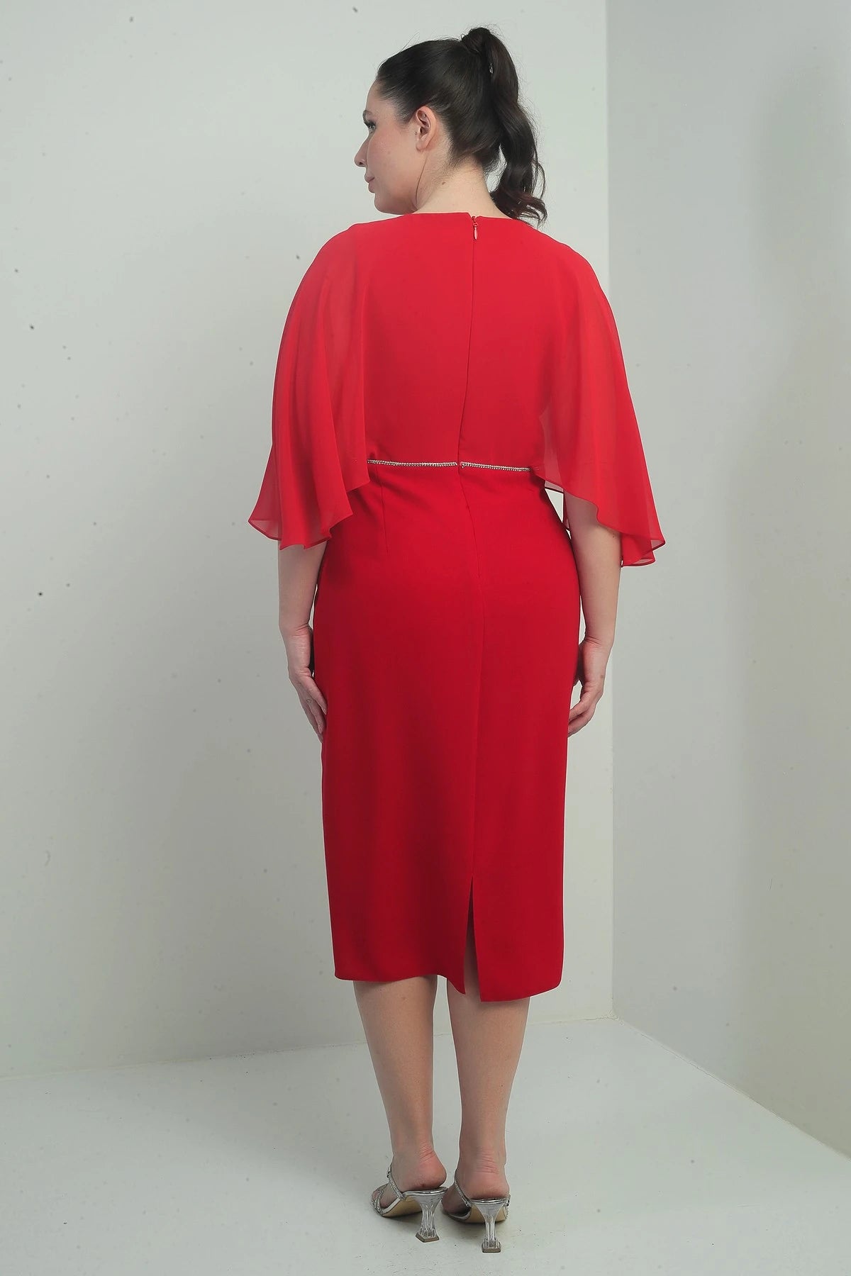 Image of Women's V-Neck Chiffon Draped Lined Plus Size Crepe Midi Dress with Embellished Waist