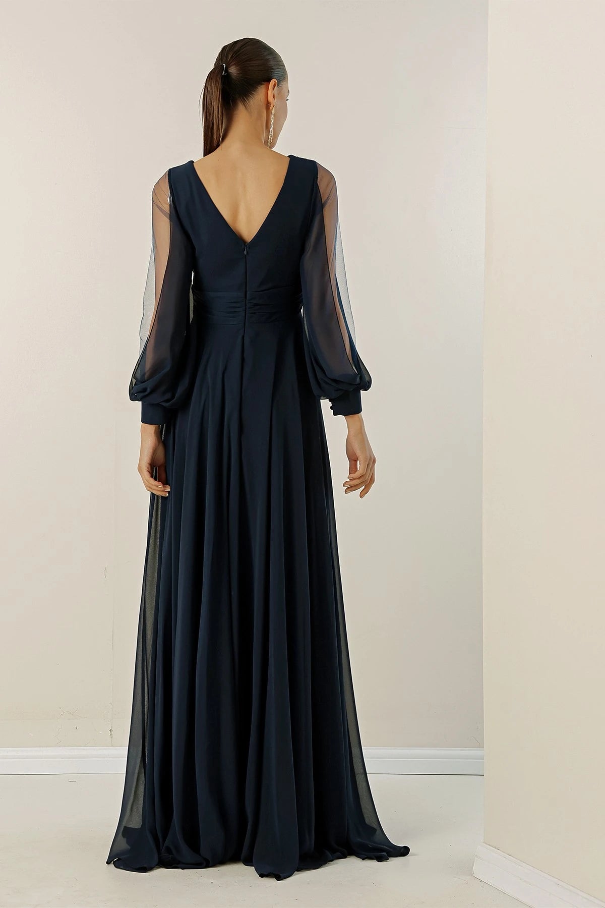 Image of Front and back V-neck, draped front, tulle sleeves, lined, wide-length chiffon dress.
