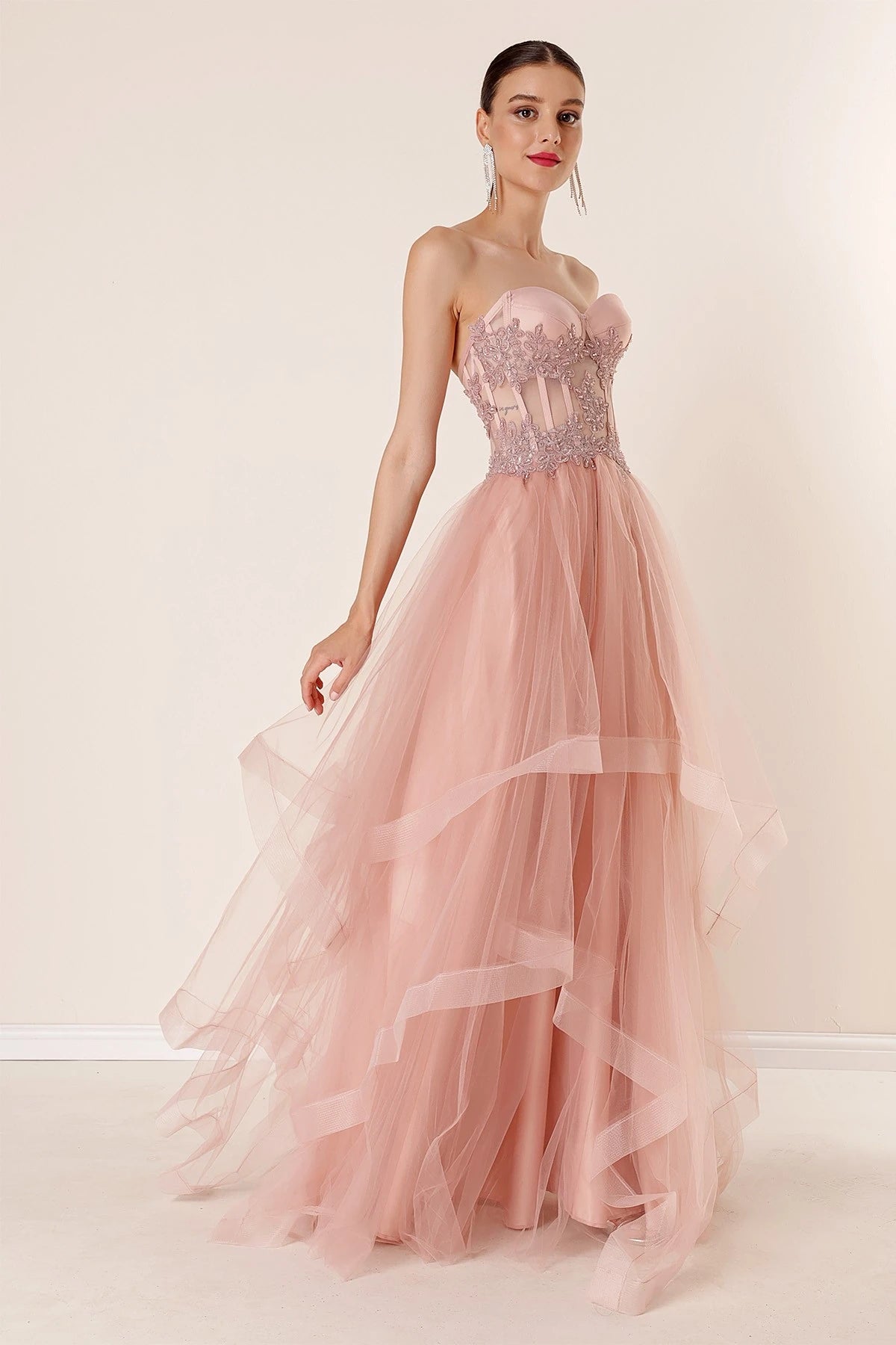 Image of Long, Layered Tulle Taffeta Evening Dress with Beaded Embellishments