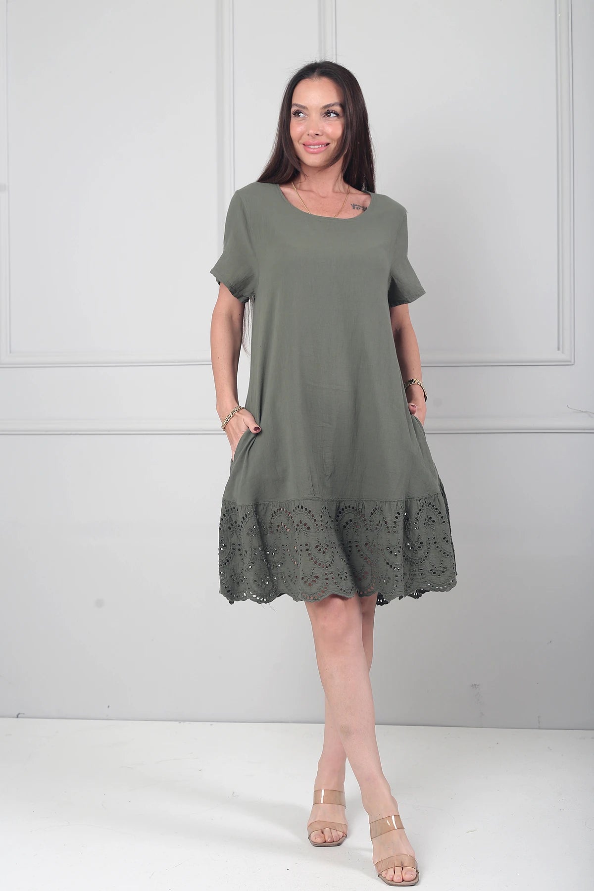 Image of Kadın İtalyan Kısa Kollu Eteği Fisto Astarlı Cepli Cotton Midi Elbise