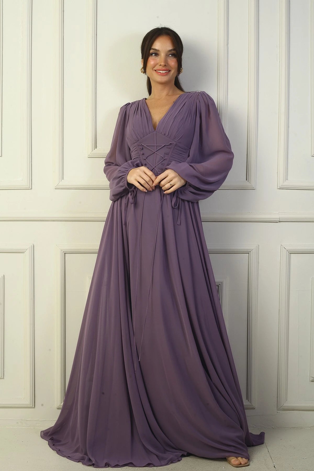 Image of Önden Bağcıklı Balenli Astarlı Uzun Şifon Elbise
