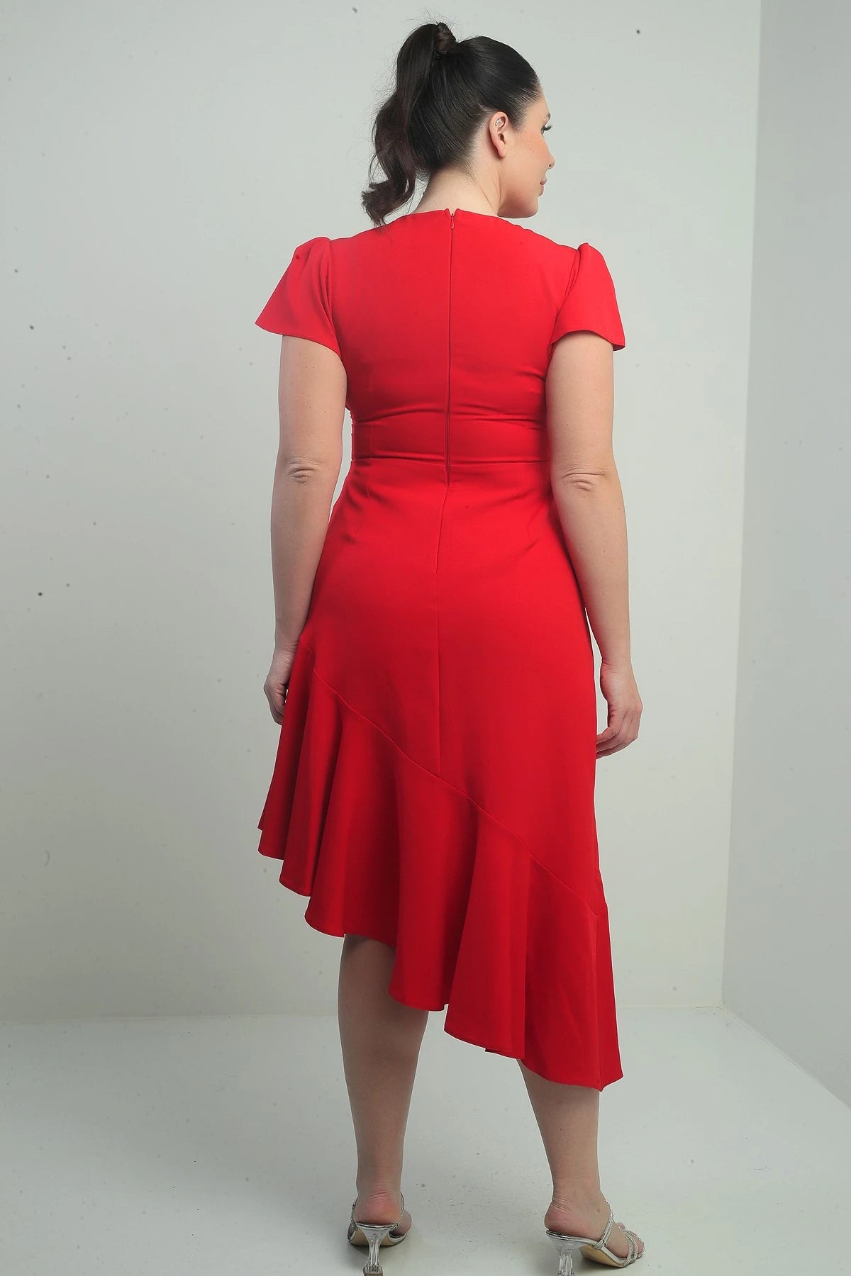 Image of Women's Wrap Neckline Draped Front Lined Ruffled Skirt Plus Size Crepe Dress