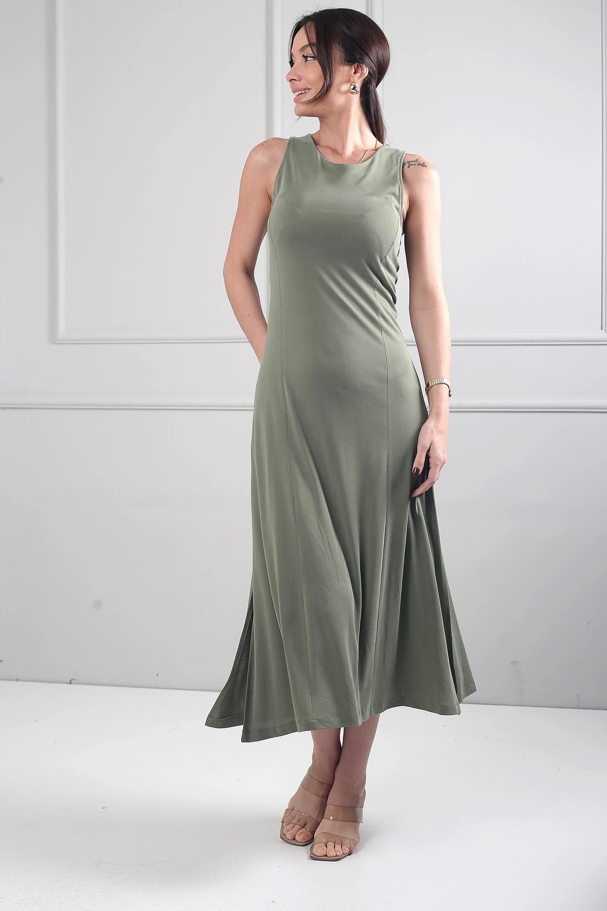 Image of Women's Round Neck Long Dress with Side Slits and Lycra Fabric
