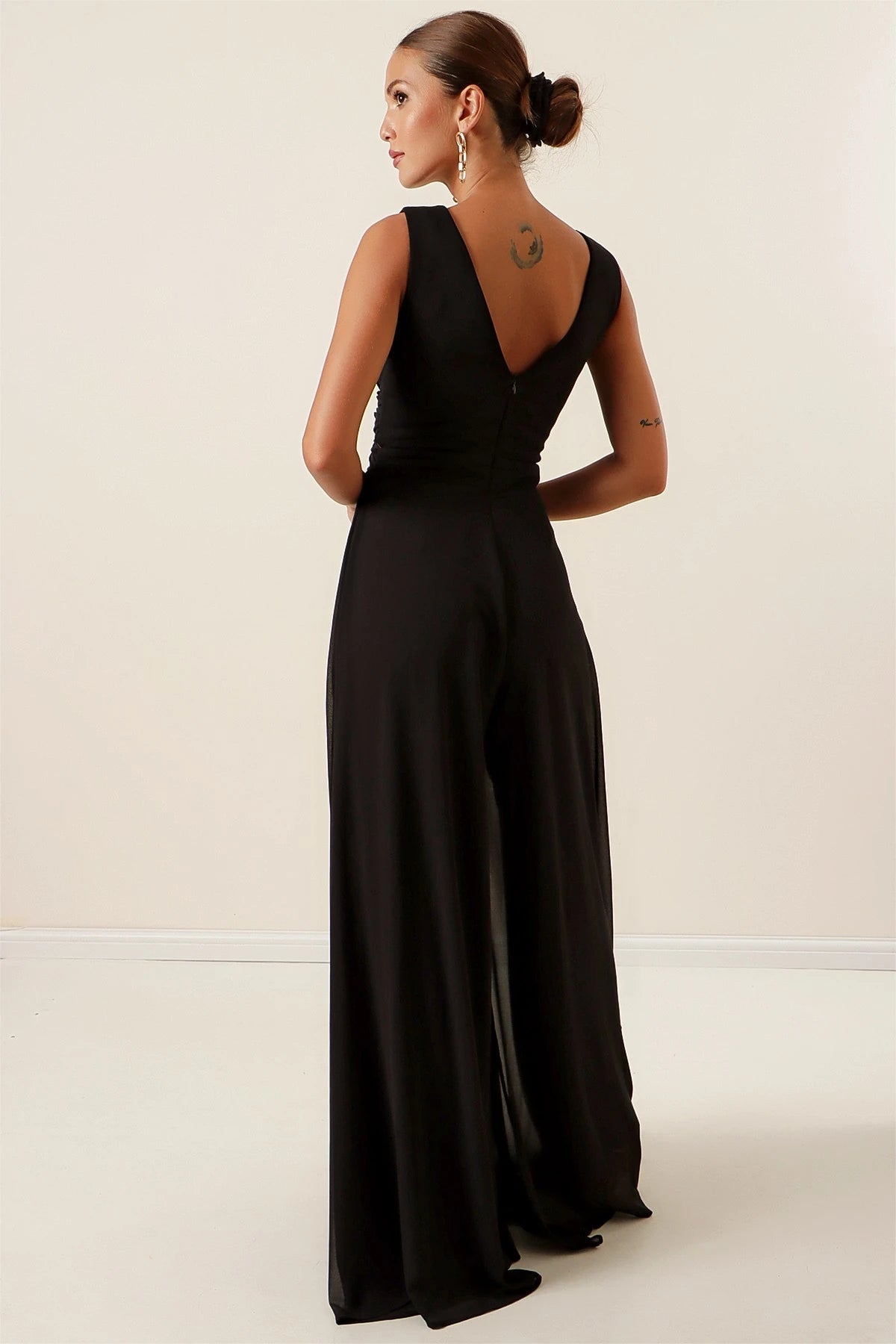 Image of Waist-detailed, front and back V-neck, lined chiffon jumpsuit.