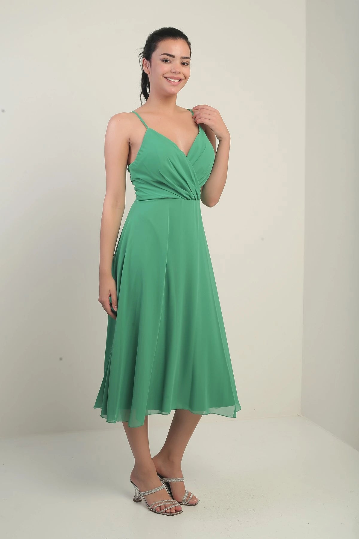 Image of Women's Strappy Wrap Neckline Lined Lace-Up Back Flared Chiffon Dress