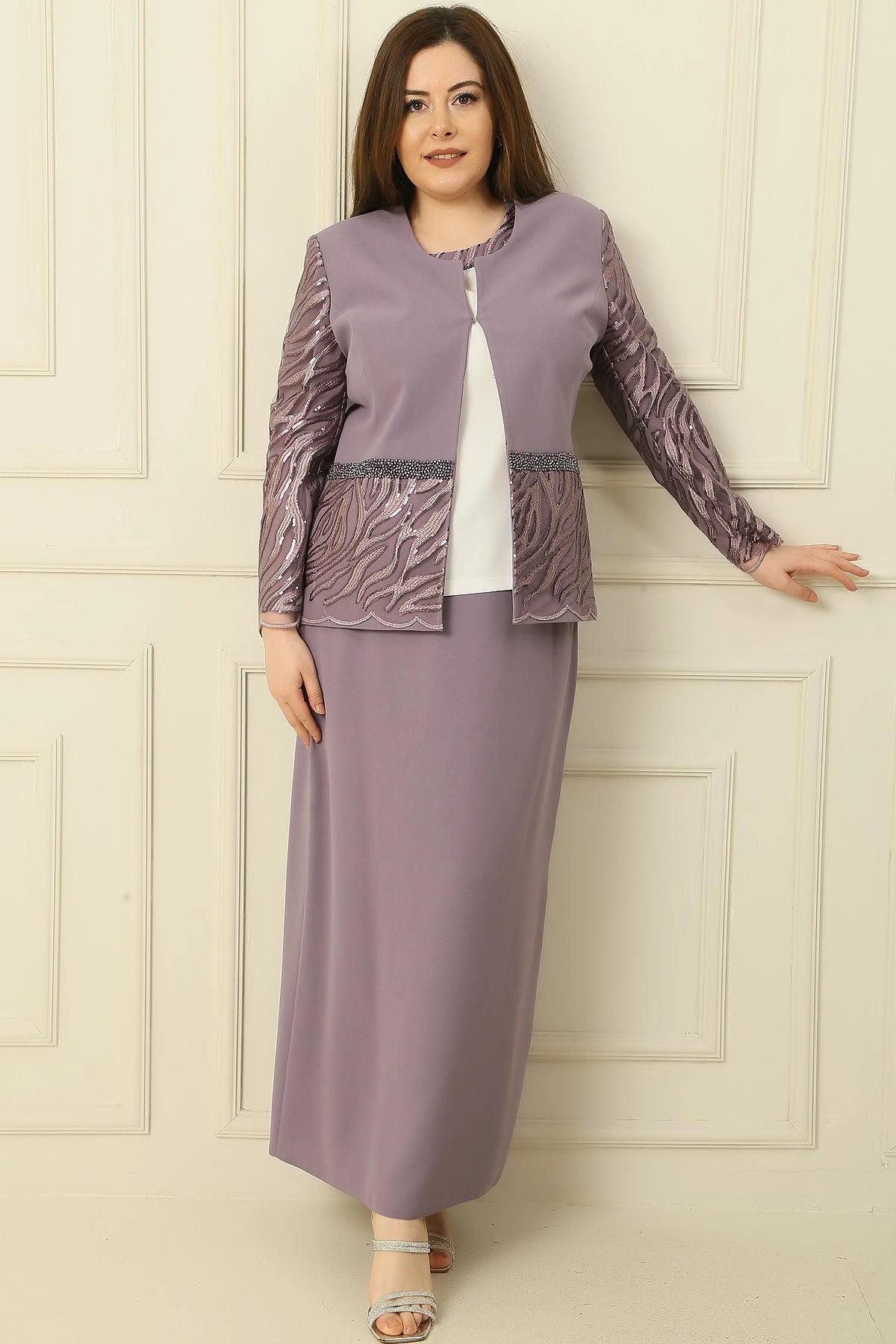Image of Three-Piece Set: Half-Moon Sleeve Blouse, Sequin Embroidered Jacket and Skirt with Bead Details, Lined, Plus Size.