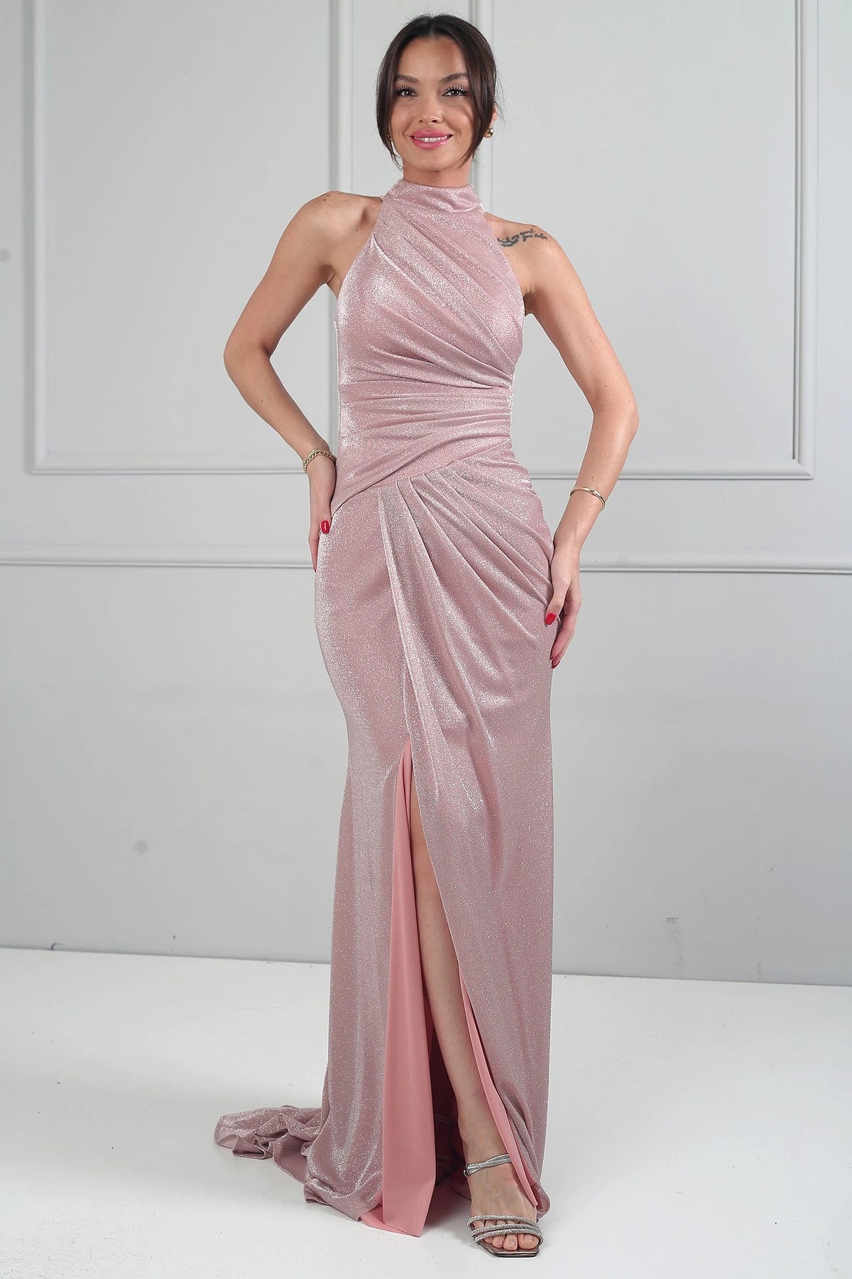 Image of Women's Halter Neck Lined Draped Glitter Long Dress