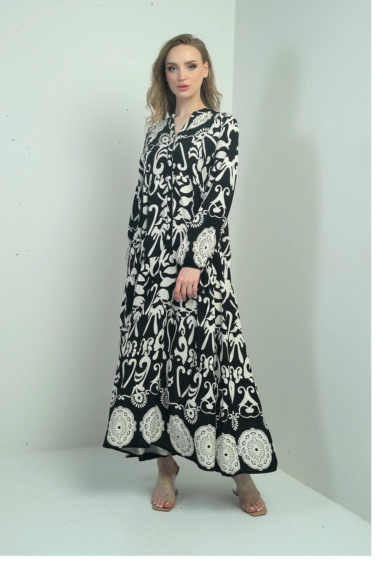 Image of Women's Mandarin Collar, Button-Front, Elasticated Cuff, Shawl Pattern Long Hijab Dress