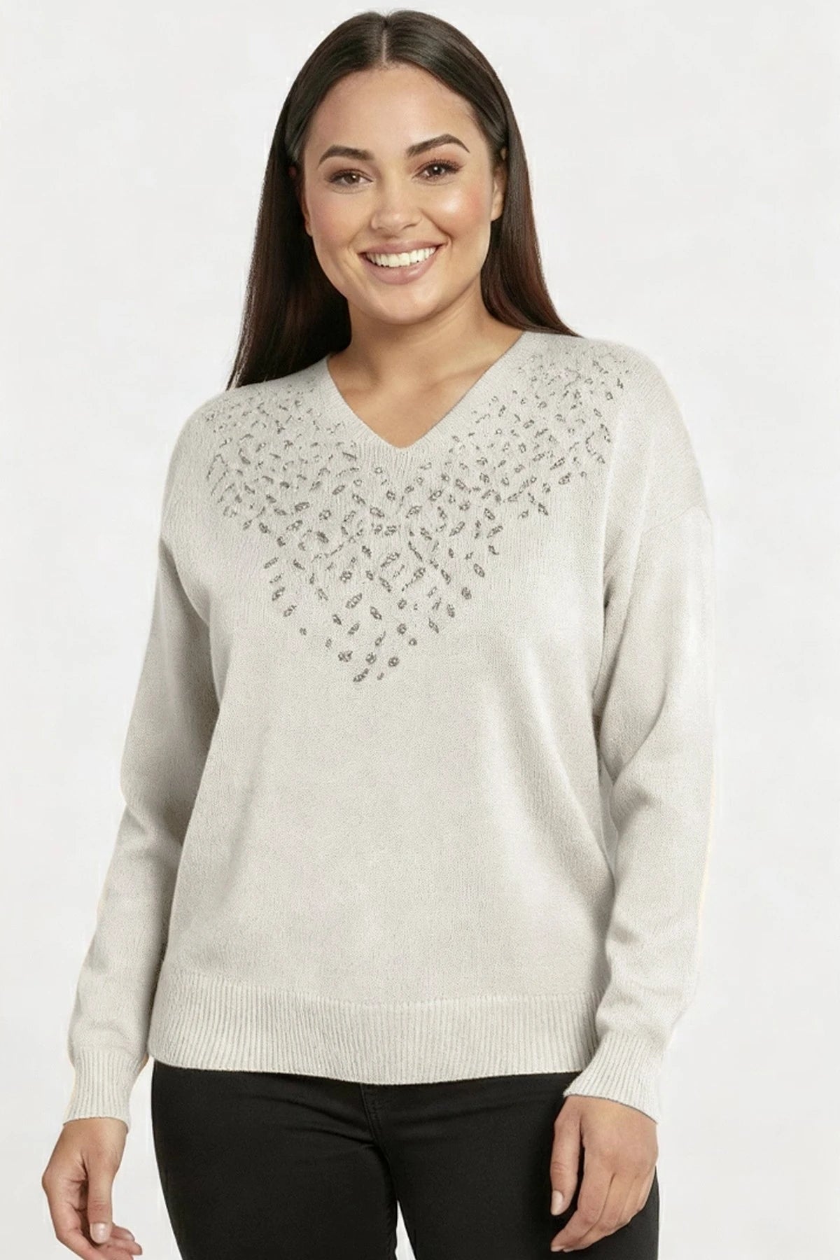 Image of Women's V-Neck Plus Size Knitted Blouse with Glitter Detail on the Front