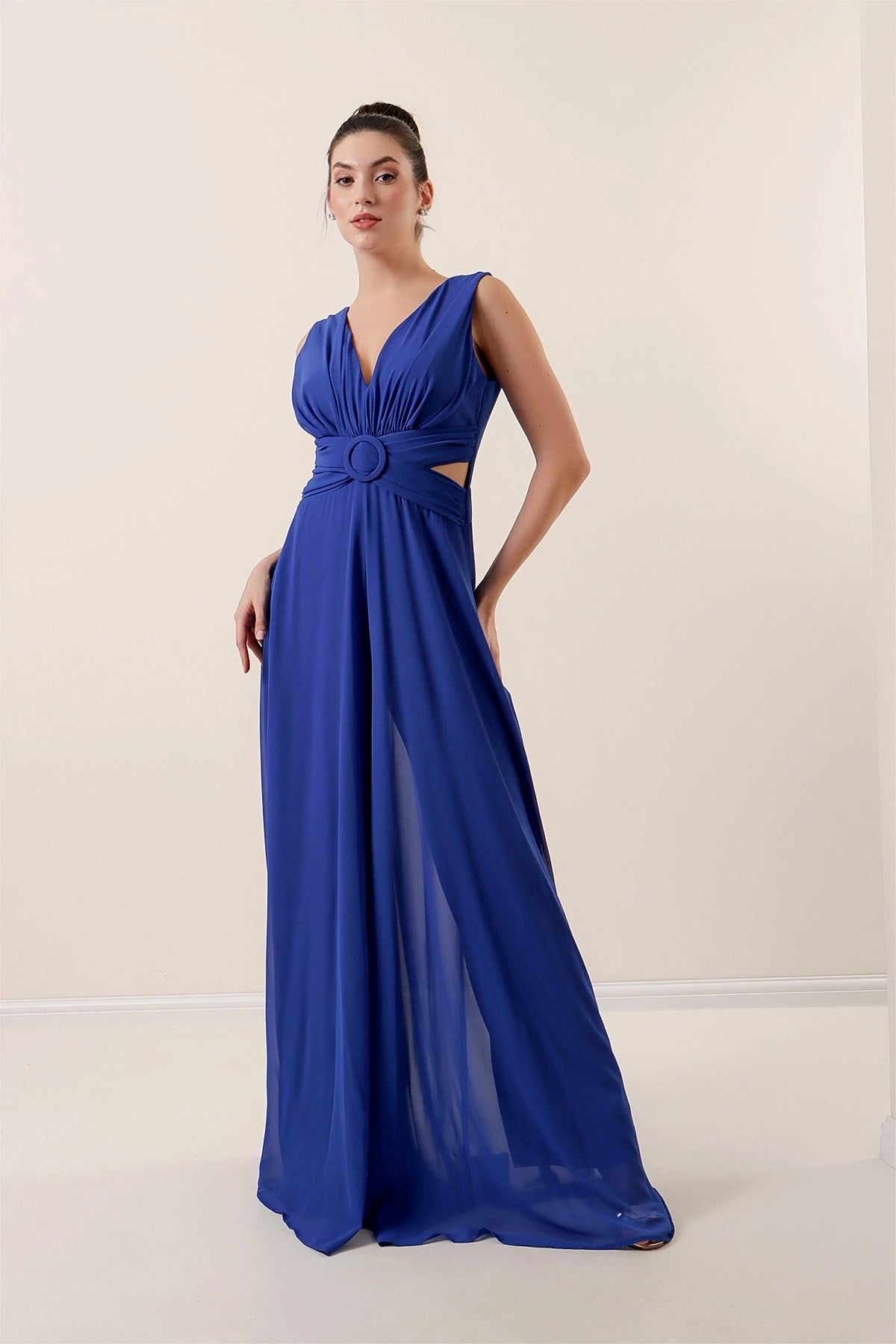 Image of Waist-detailed, front and back V-neck, lined chiffon jumpsuit.