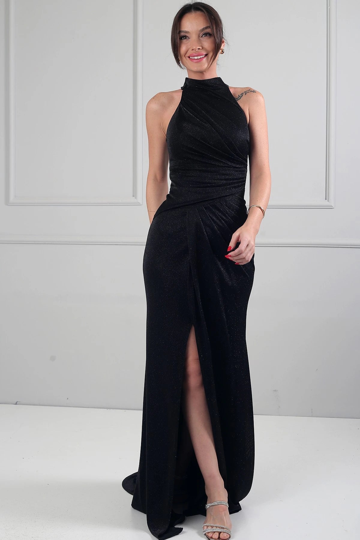 Image of Women's Halter Neck Lined Draped Glitter Long Dress