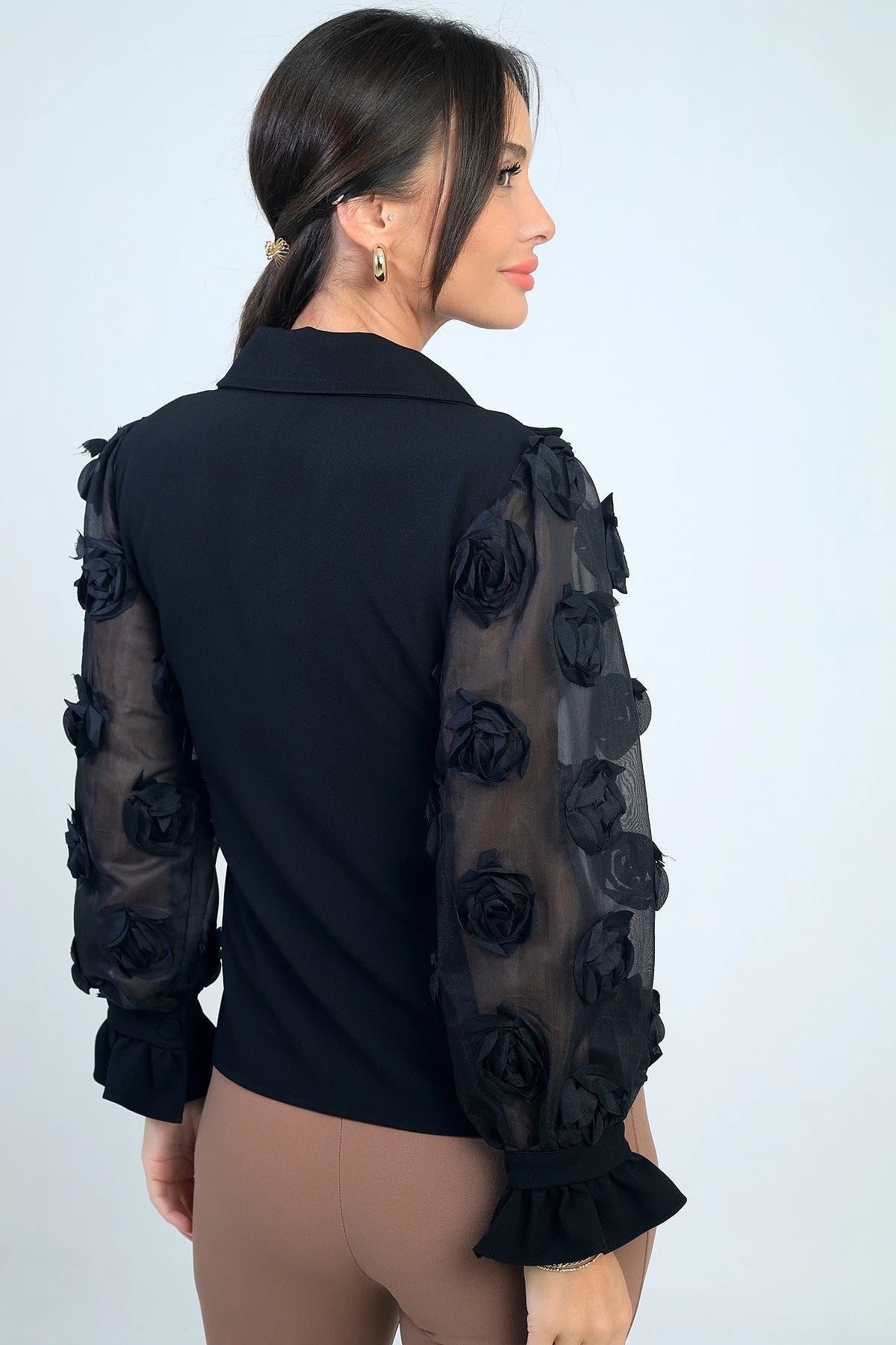 Image of Women's Button-Front Organza Sleeved Blouse with 3D Floral Design