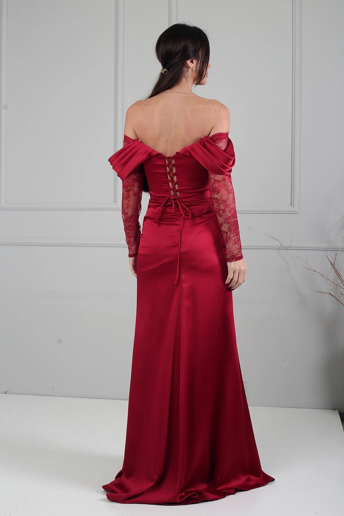 Image of Women's Boat Neck Lace Sleeve Lined Long Satin Dress