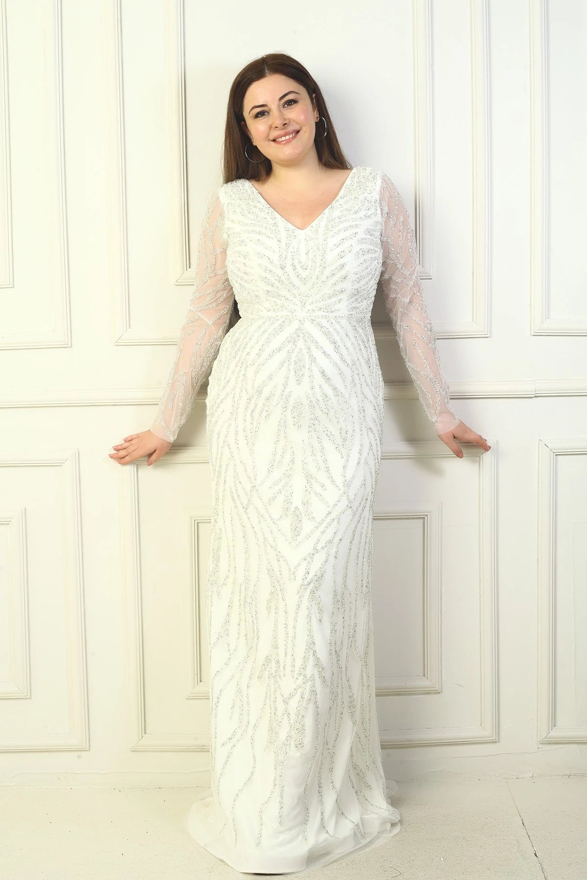 Image of Front and Back V-Neck, Tulle Sleeves, Lined, Embellished Long Plus Size Dress