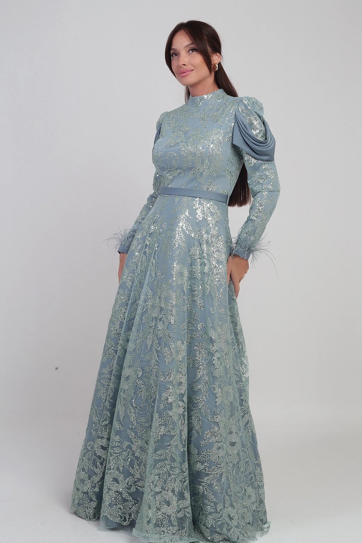 Image of Women's Long Dress with Feathered Sleeves, Beads and Glitter Details, and Lining