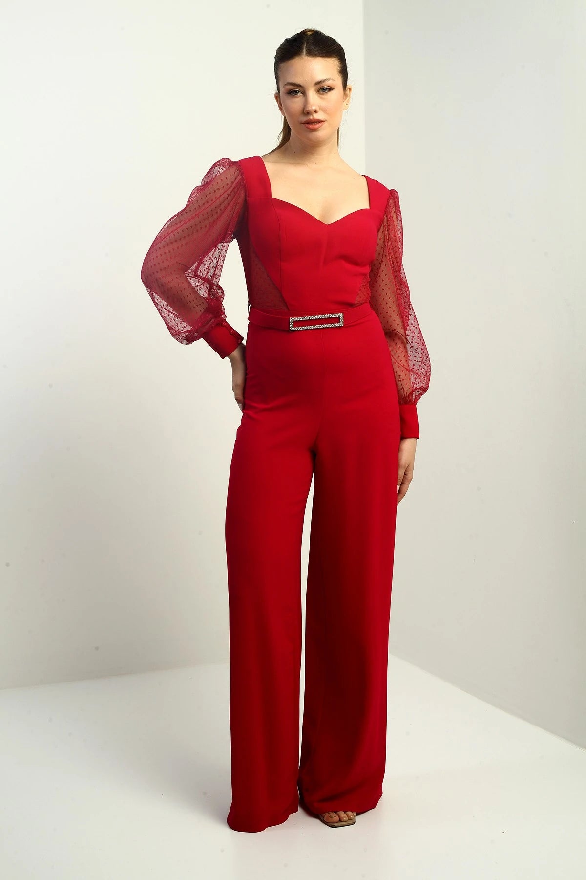 Image of Women's Sweetheart Neckline Long Tulle Sleeved Belted Palazzo Crepe Jumpsuit