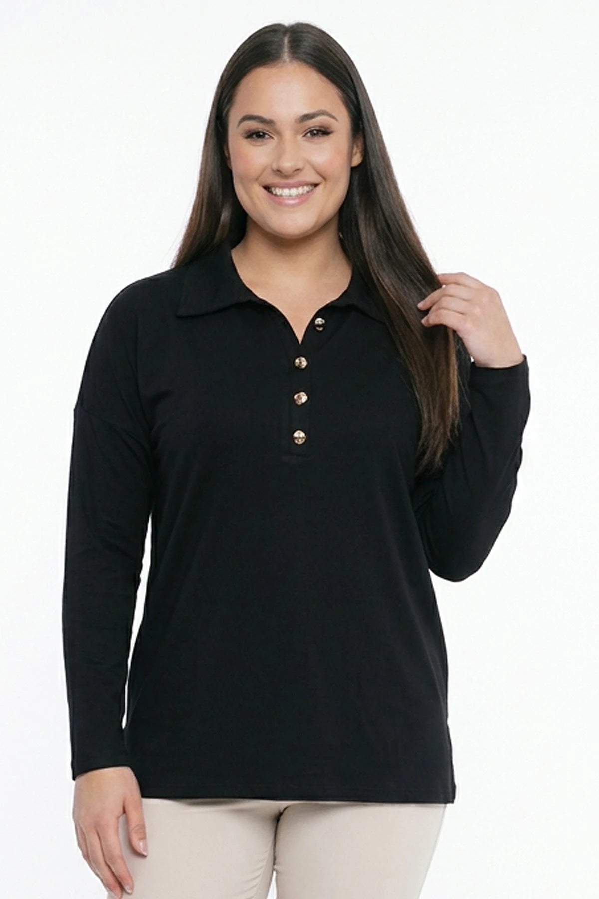 Image of Women's Plus Size Lycra Blouse with Gold Button Collar