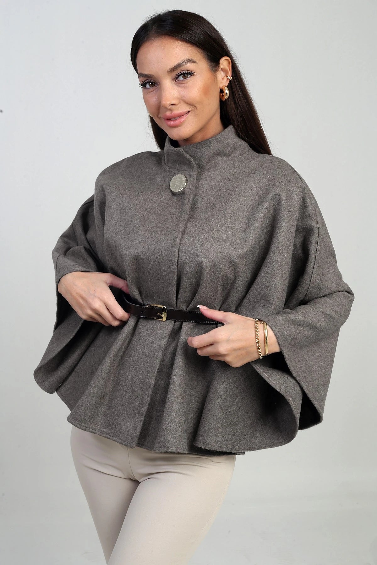 Image of Women's Single-Button Belted Cashmere Poncho