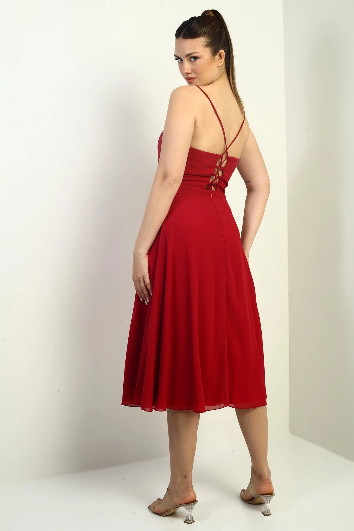 Image of Women's Strappy Wrap Neckline Lined Lace-Up Back Flared Chiffon Dress
