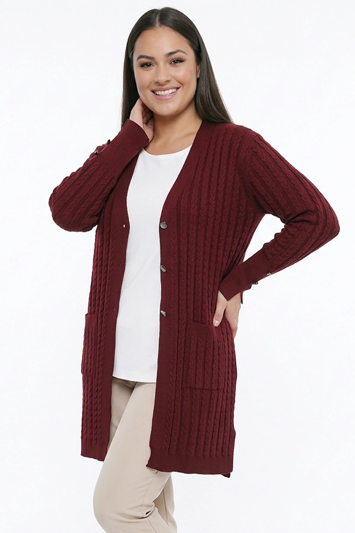 Image of Women's Cable Knit Mercerized Lycra Plus Size Cardigan
