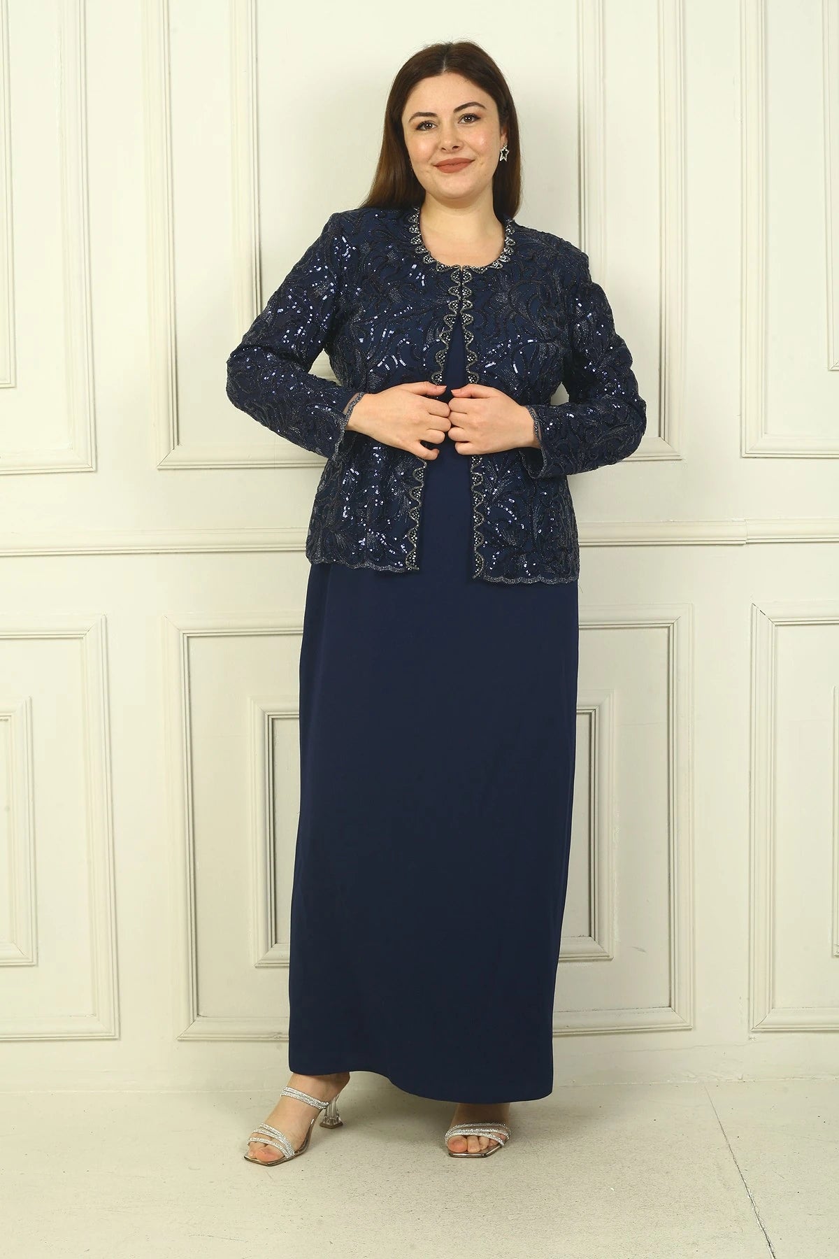 Image of Women's Sequin Embellished Beaded Tulle Jacket, Half-Moon Sleeve Long Dress, Lined Crepe, Plus Size 2-Piece Set