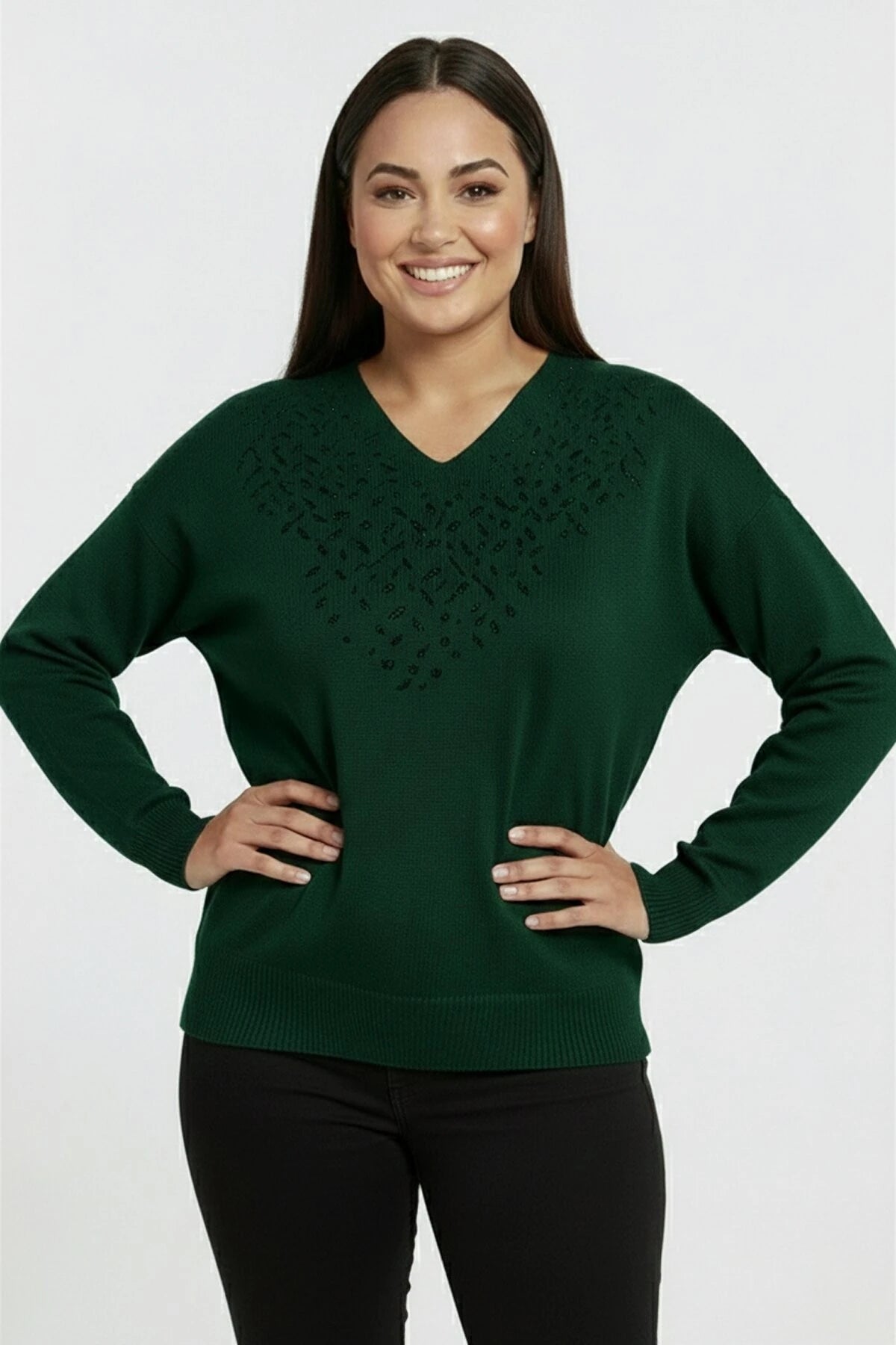 Image of Women's V-Neck Plus Size Knitted Blouse with Glitter Detail on the Front