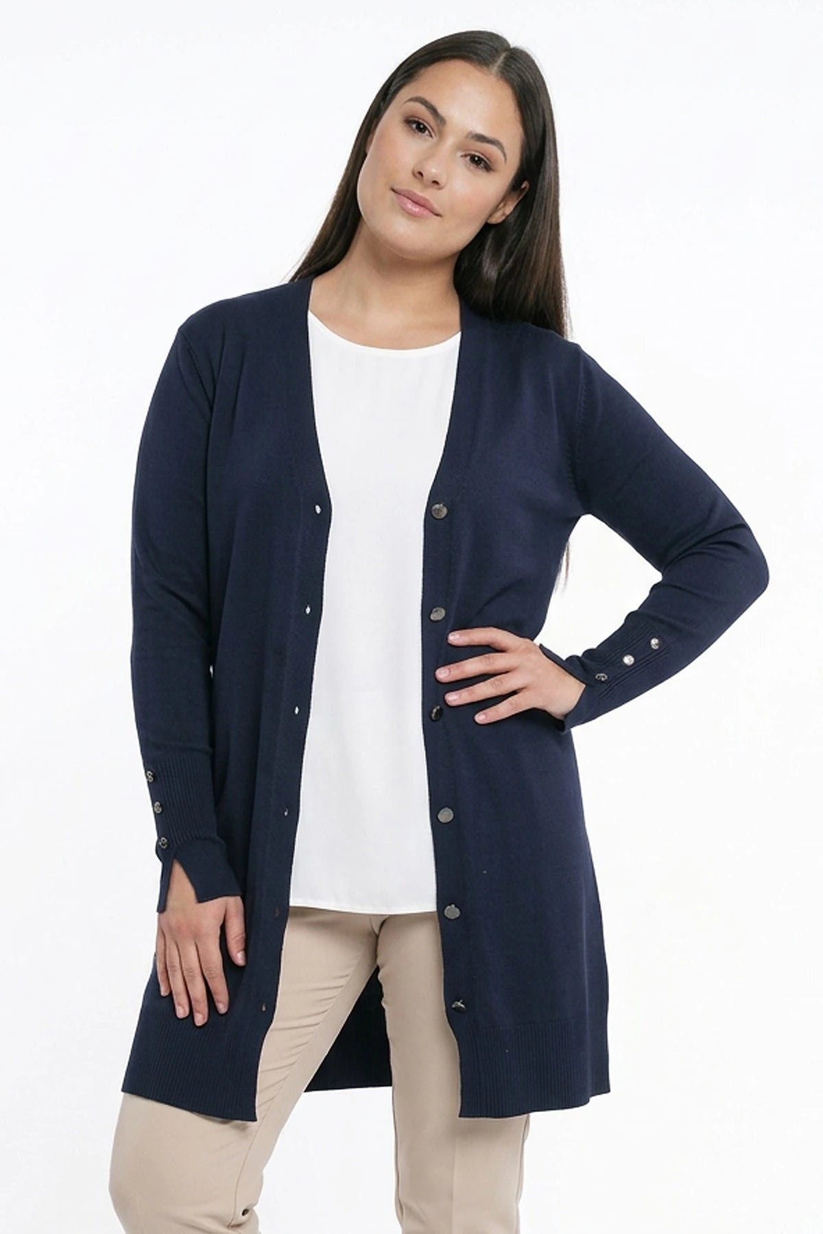 Image of Women's Plus Size Knitted Cardigan with Button Detail on Sleeves