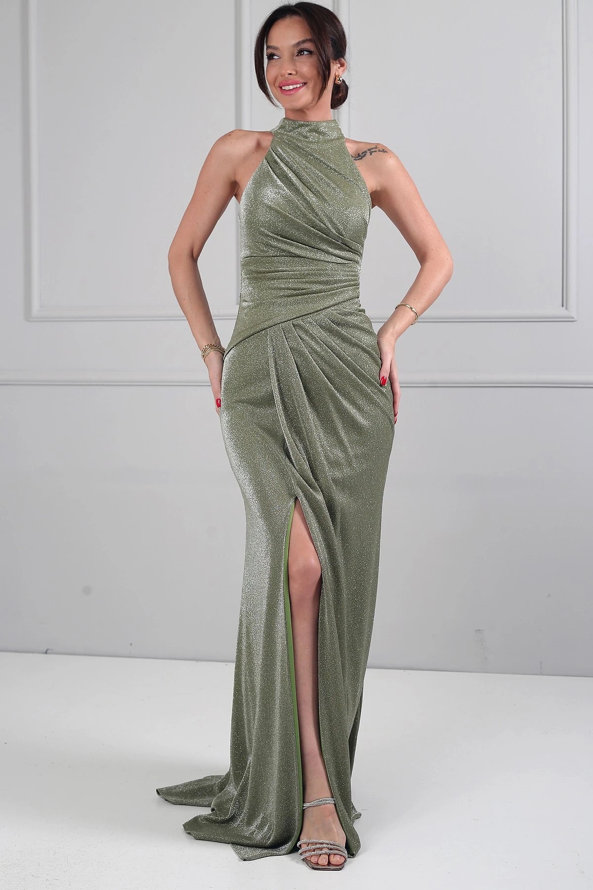 Image of Women's Halter Neck Lined Draped Glitter Long Dress