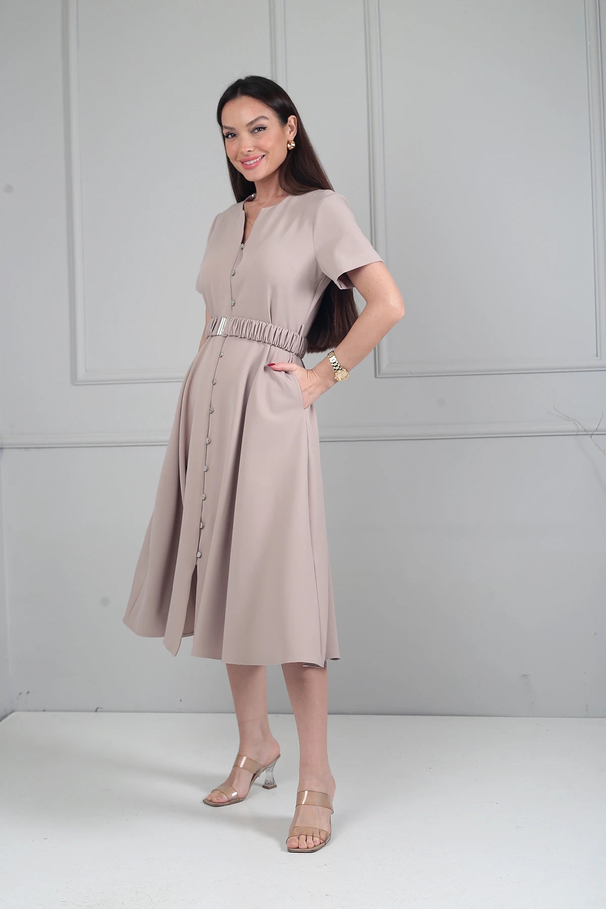 Image of Women's Short-Sleeved Midi Dress with Metal Buttons at the Front and Pockets