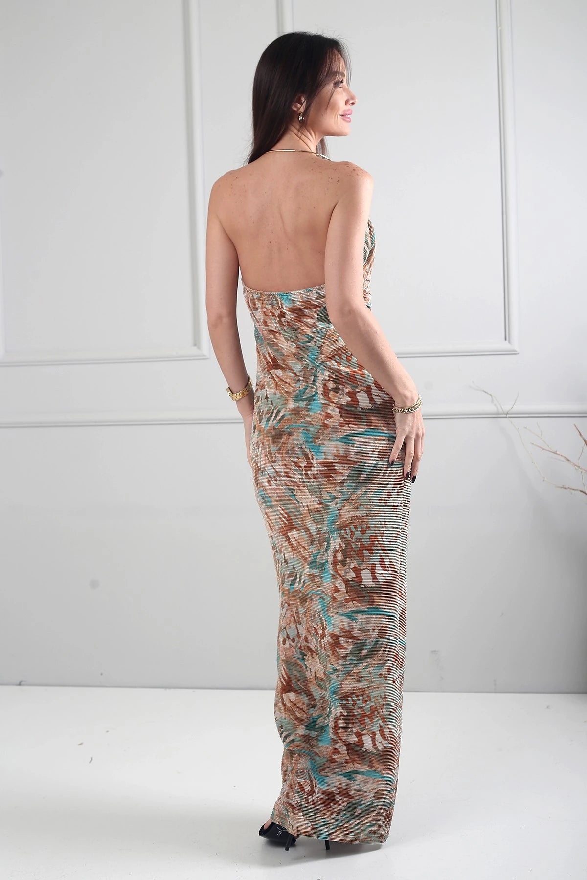 Image of Rochie lungă pentru femei cu accesoriu pentru guler, căptușită, cu model și material Lycra