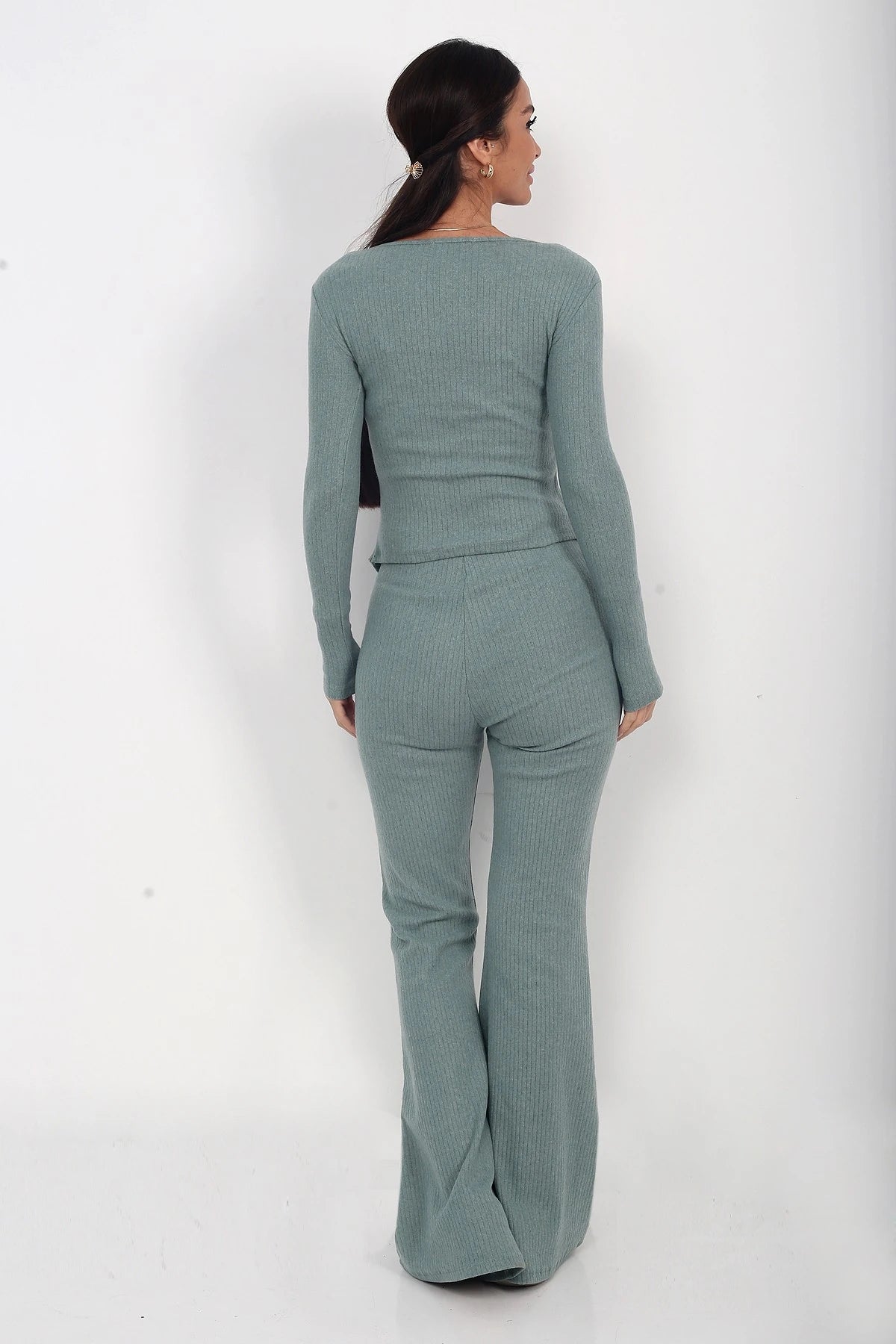 Image of Women's Gold Buttoned Long-Sleeve Blouse and Elastic Waist Wide-Leg Trousers 2-Piece Set