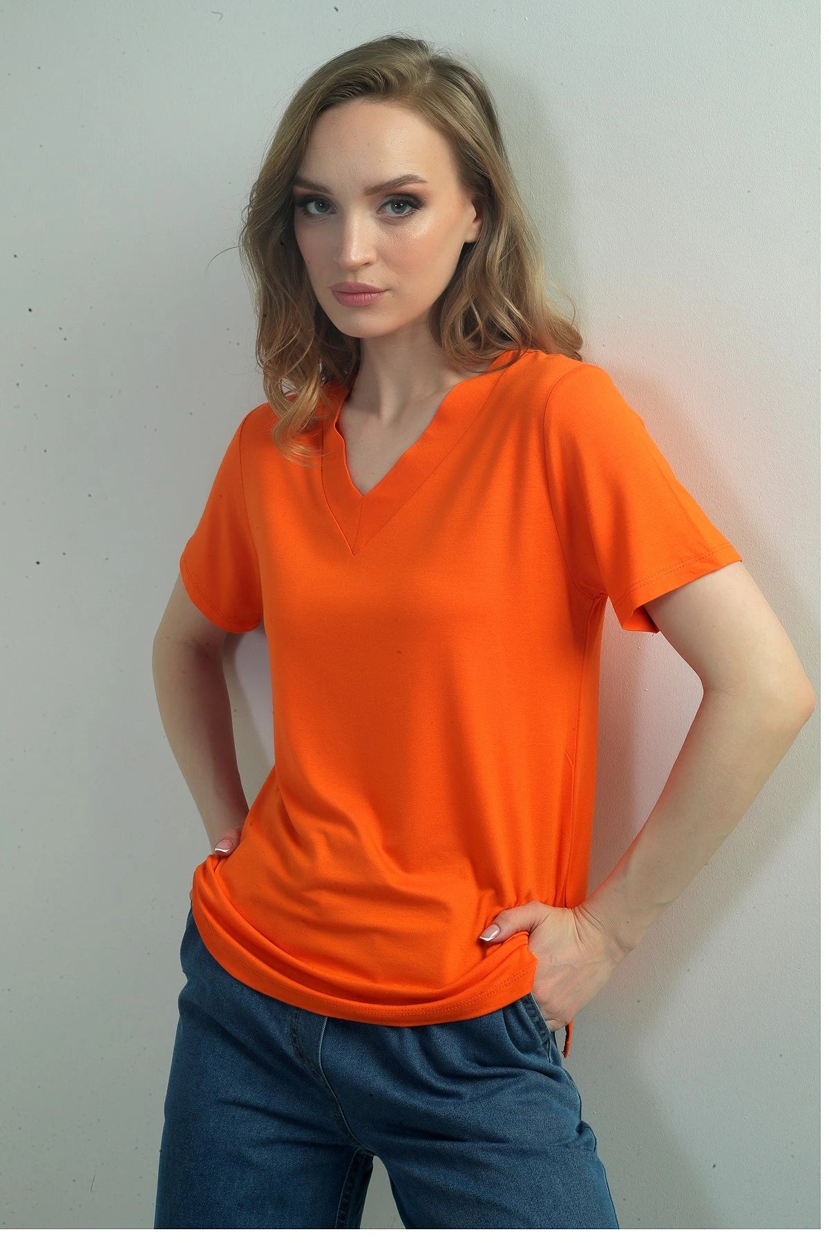 Image of Women's V-Neck Short-Sleeve Blouse with Slit
