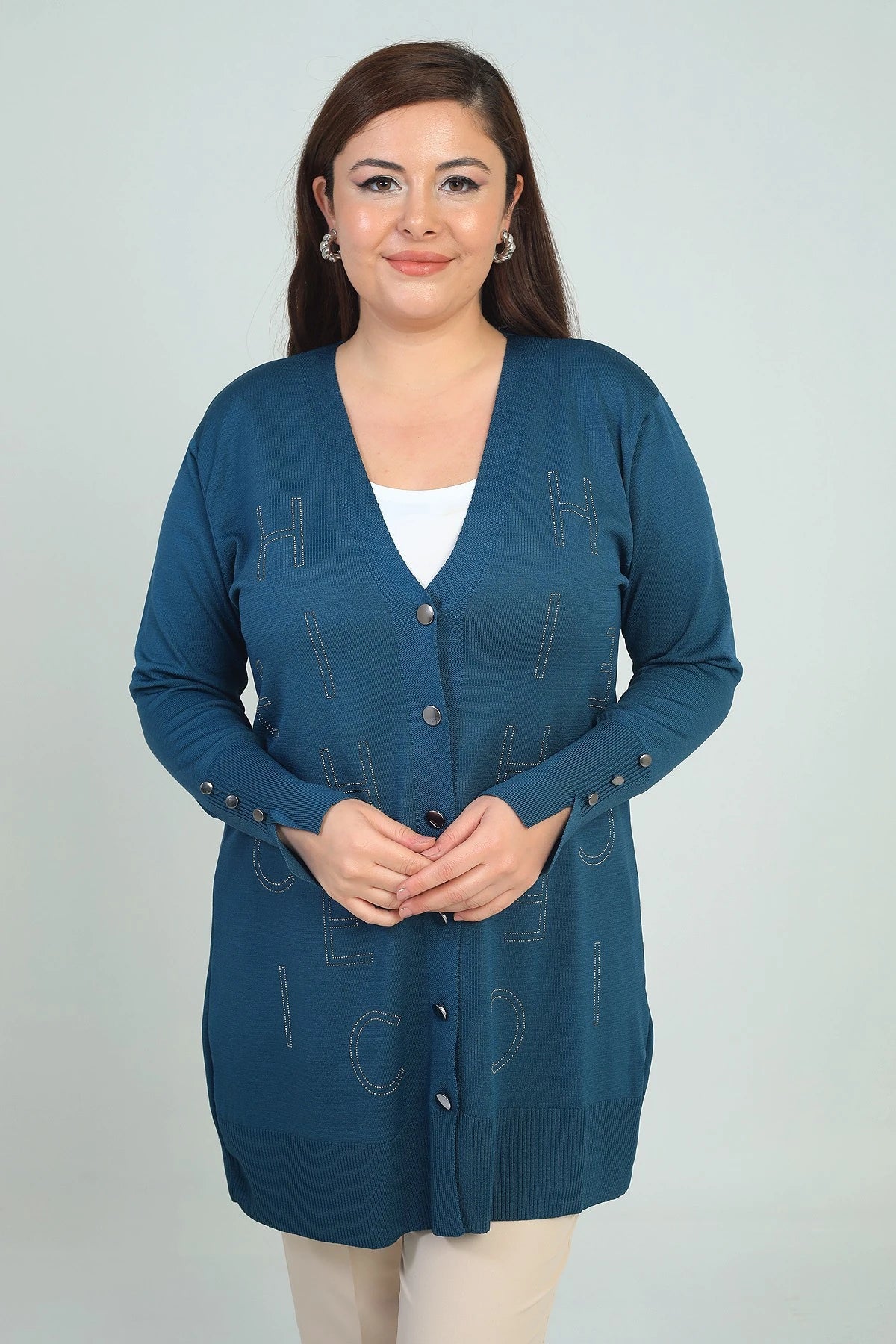 Image of Women's Plus Size Cardigan with Button Detail on Sleeves and Stone Letter Print, Cold Yarn.