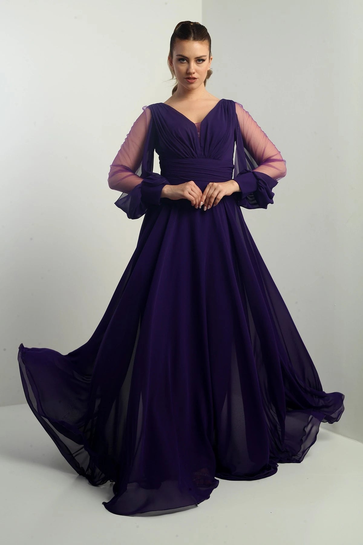 Image of Front and back V-neck, draped front, tulle sleeves, lined, wide-length chiffon dress.