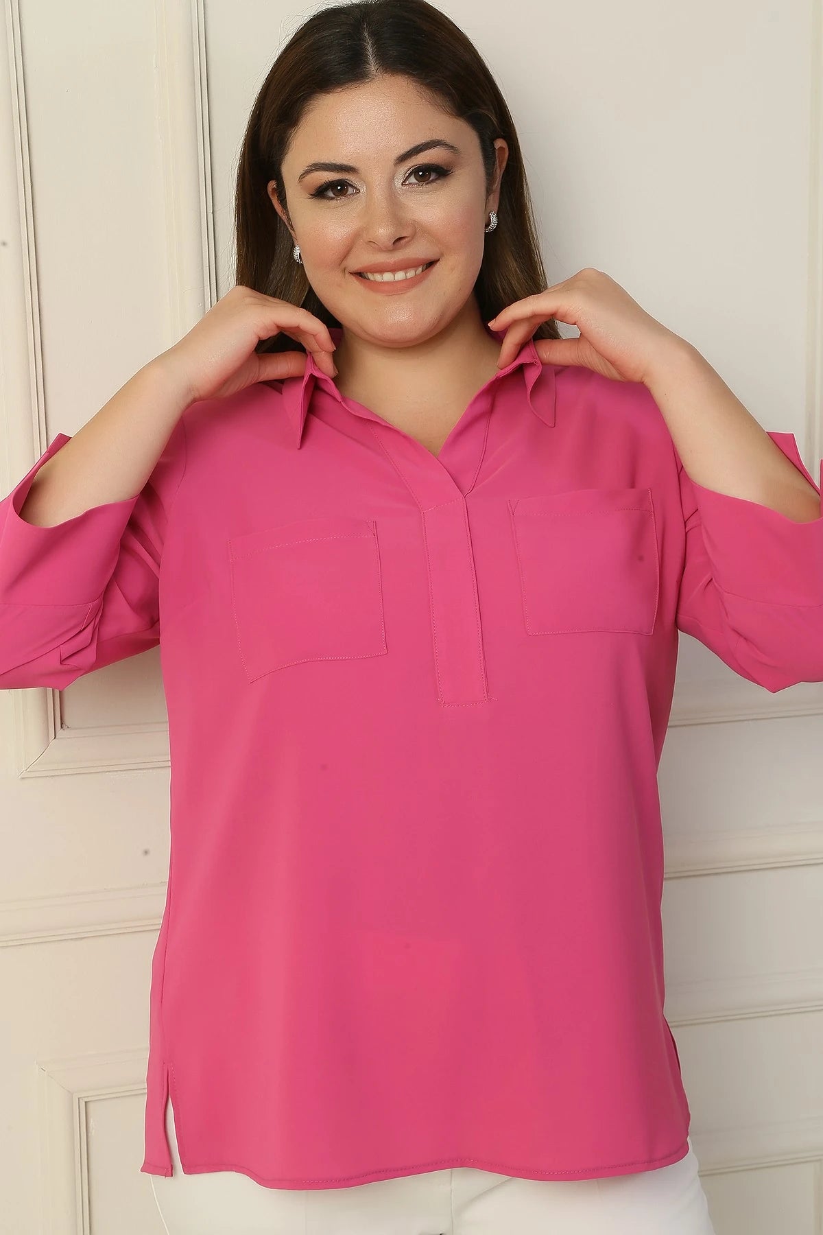 Image of Polo Collar Pocketed Quarter Sleeve BB Blouse