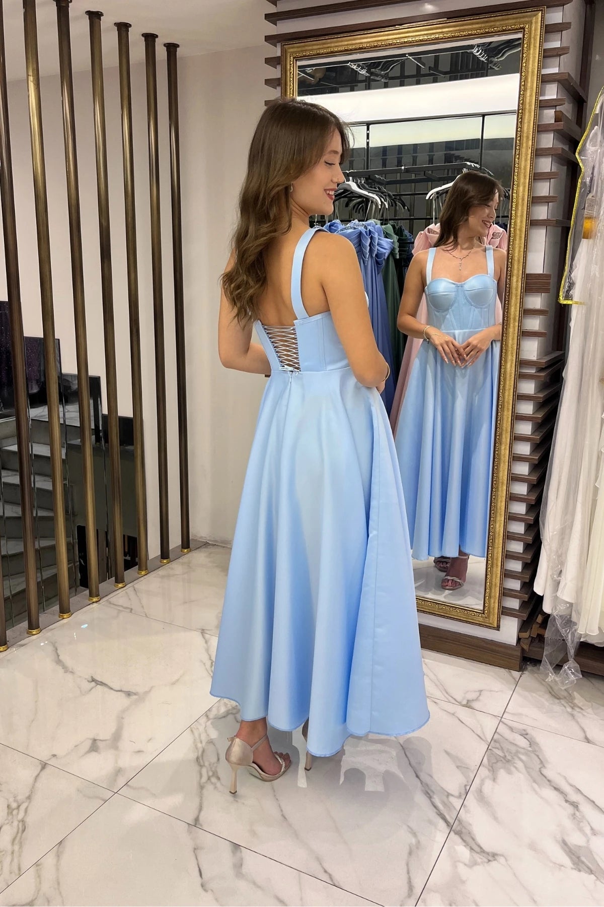 Image of Women's Strappy Back Lace-up Corset Satin Flared Midi Dress